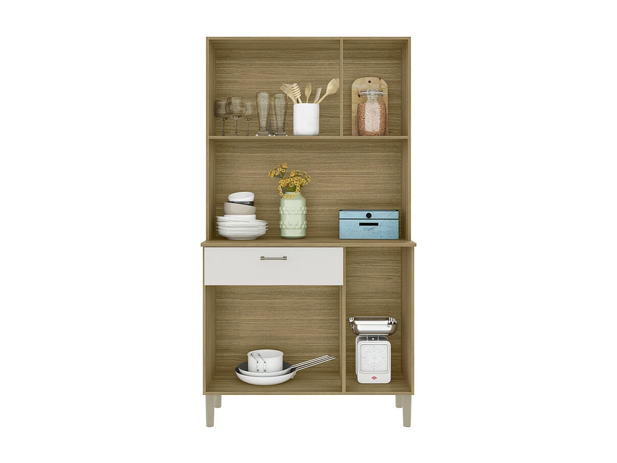 Buffet de Cuisine 6 Portes 1 Tiroir Chêne et Blanc 5 Niches L92 H170.5 P36.3 cm