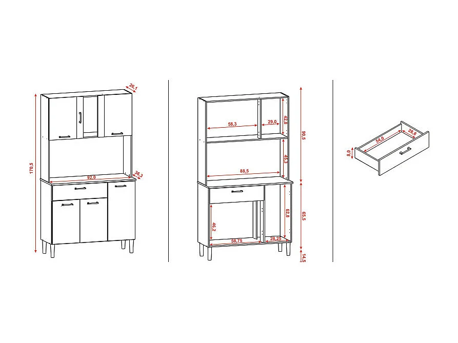 Buffet de Cuisine 6 Portes 1 Tiroir Chêne et Blanc 5 Niches L92 H170.5 P36.3 cm