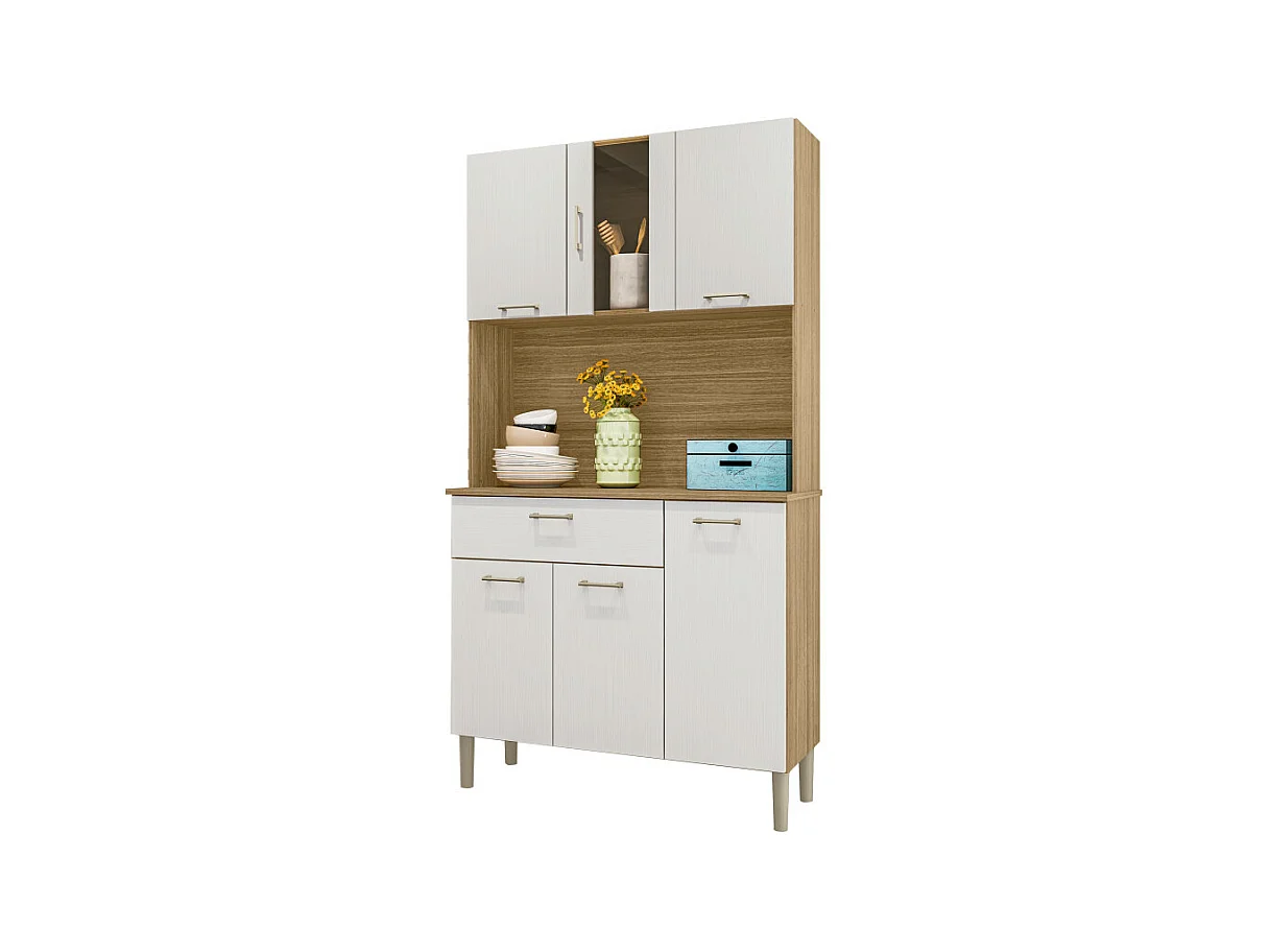 Buffet de Cuisine 6 Portes 1 Tiroir Chêne et Blanc 5 Niches L92 H170.5 P36.3 cm