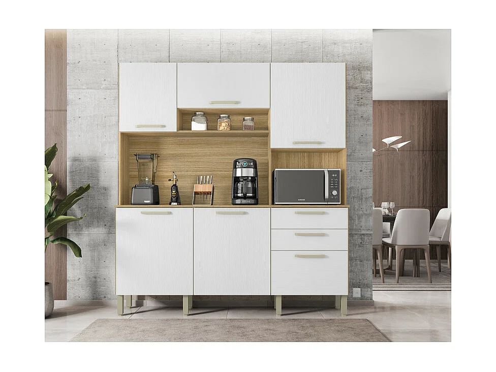 Buffet de Cuisine 6 Portes 2 Tiroirs Chêne et Blanc L 180.2 H 198 P 38.8 cm