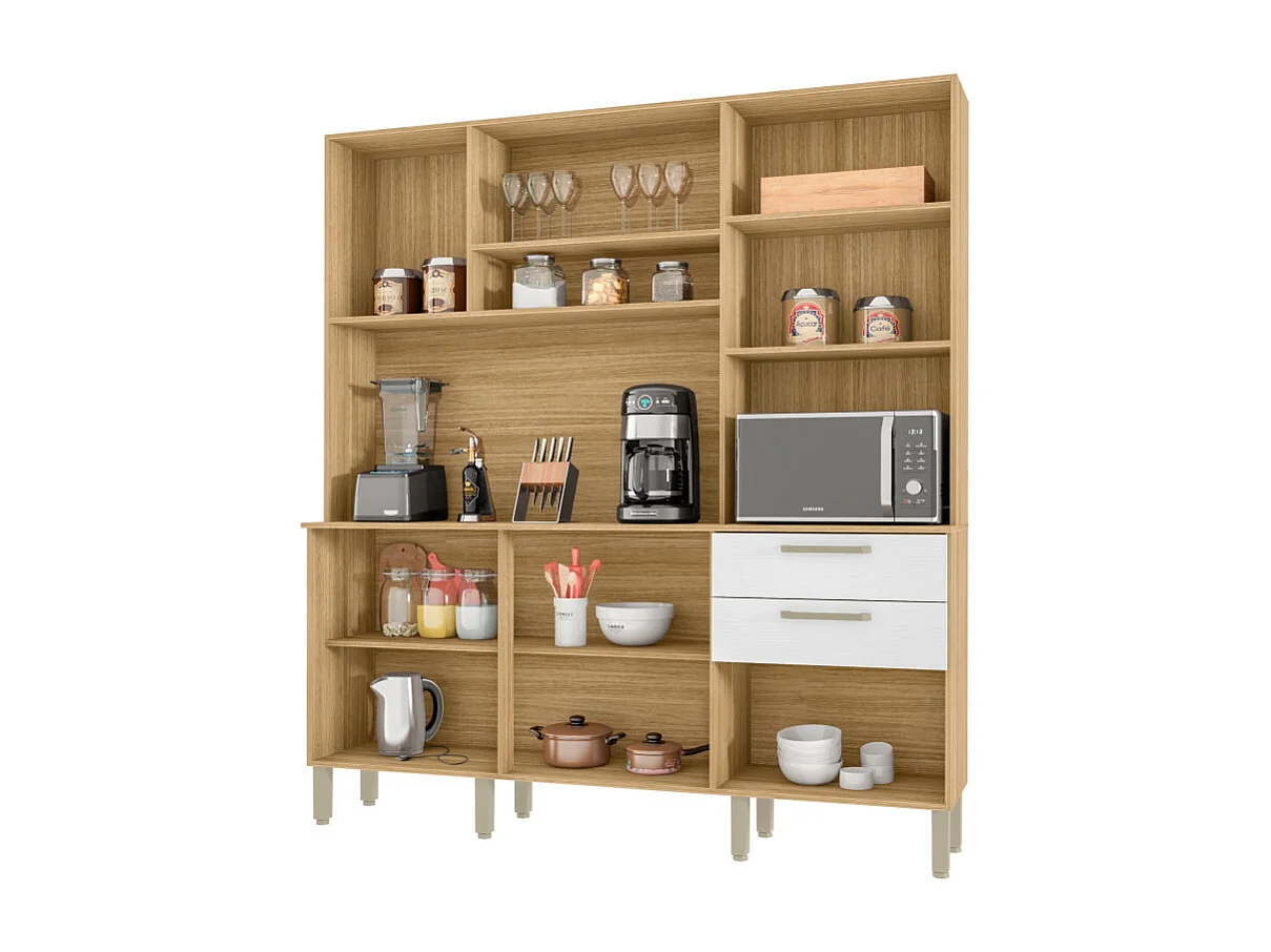 Buffet de Cuisine 6 Portes 2 Tiroirs Chêne et Blanc L 180.2 H 198 P 38.8 cm