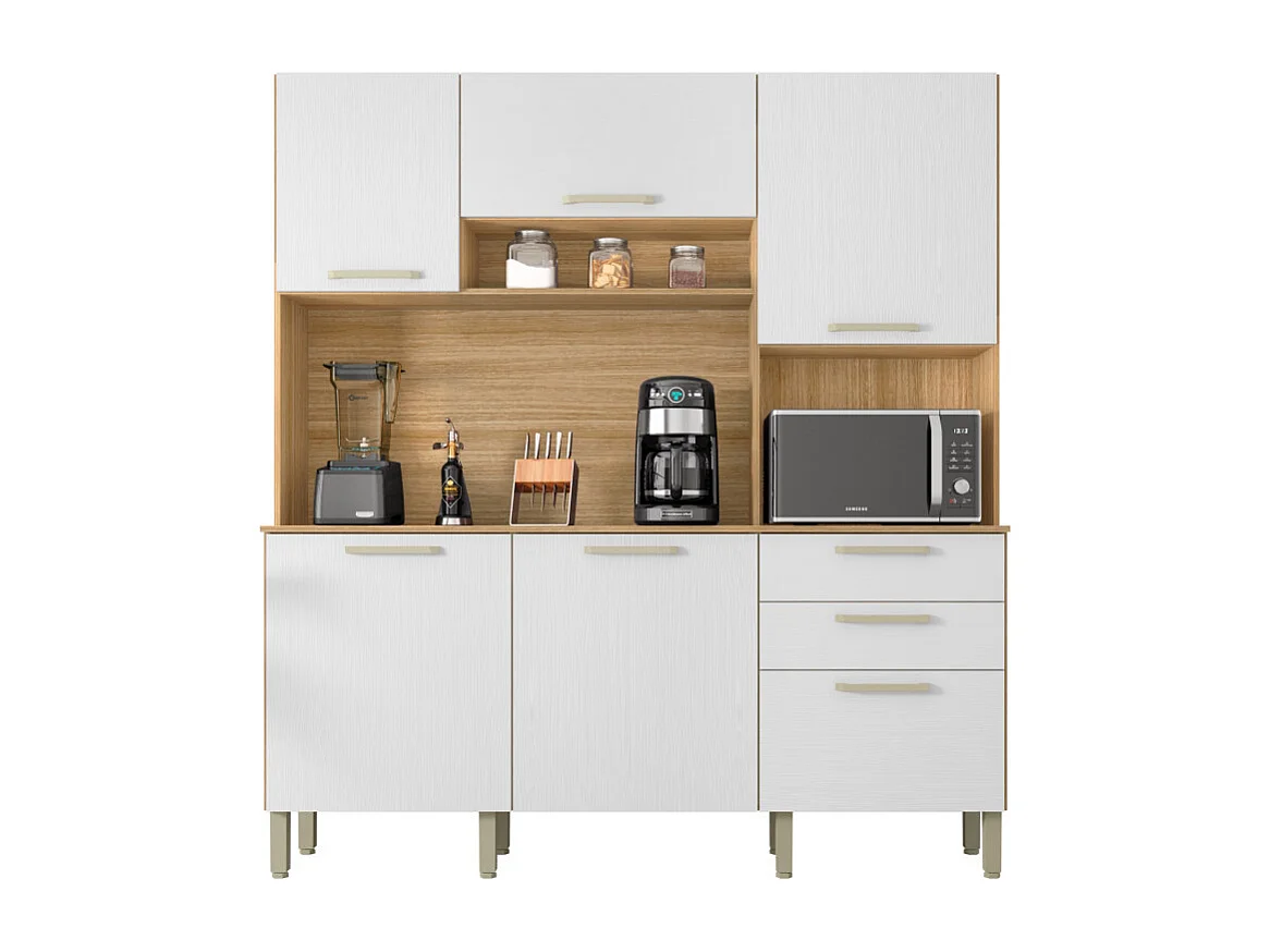 Buffet de Cuisine 6 Portes 2 Tiroirs Chêne et Blanc L 180.2 H 198 P 38.8 cm