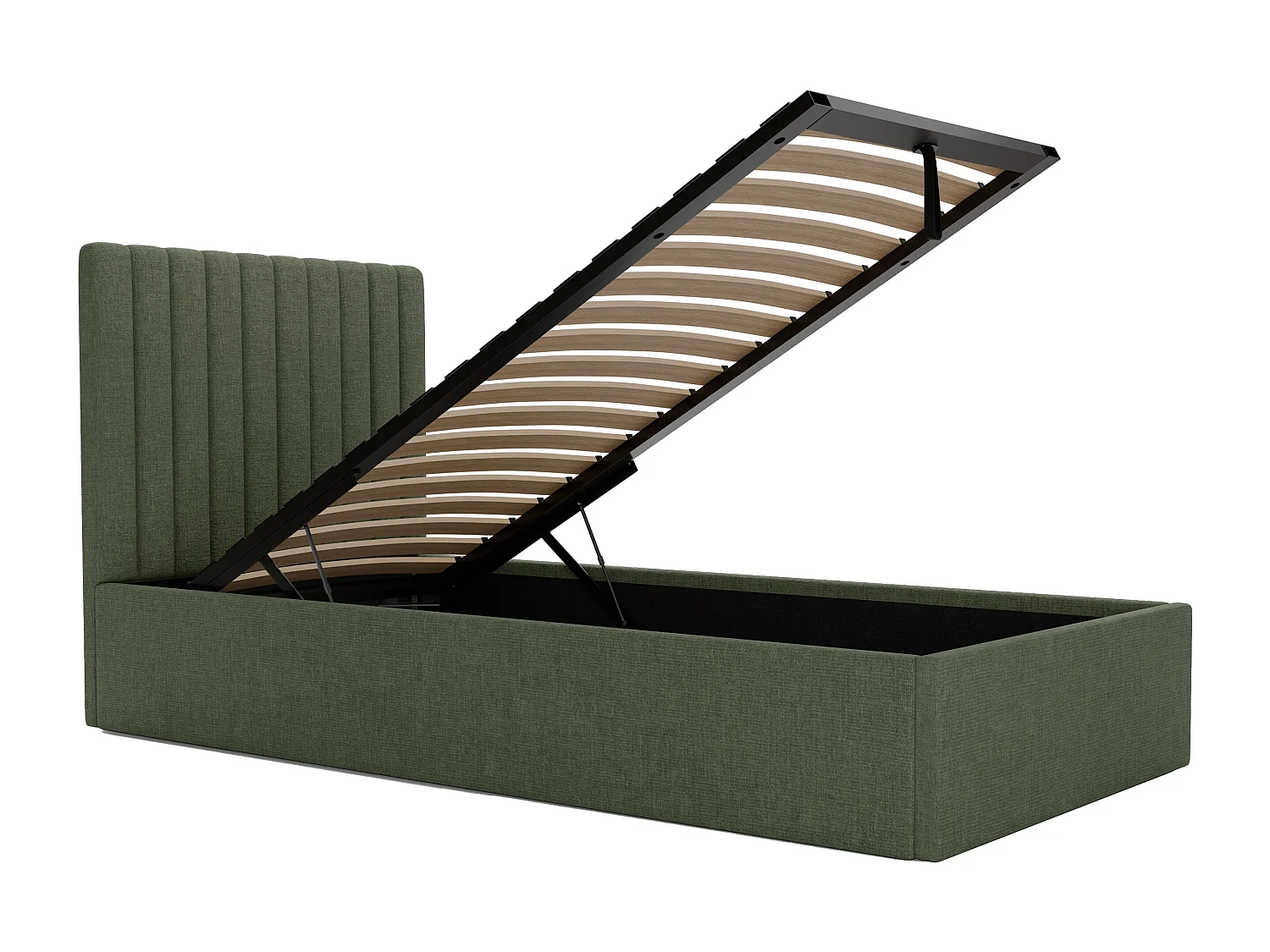 Opbergbed 90 x 190 cm met hoofdbord verticale naden - Stof - Kakigroen + Matras - SARAH