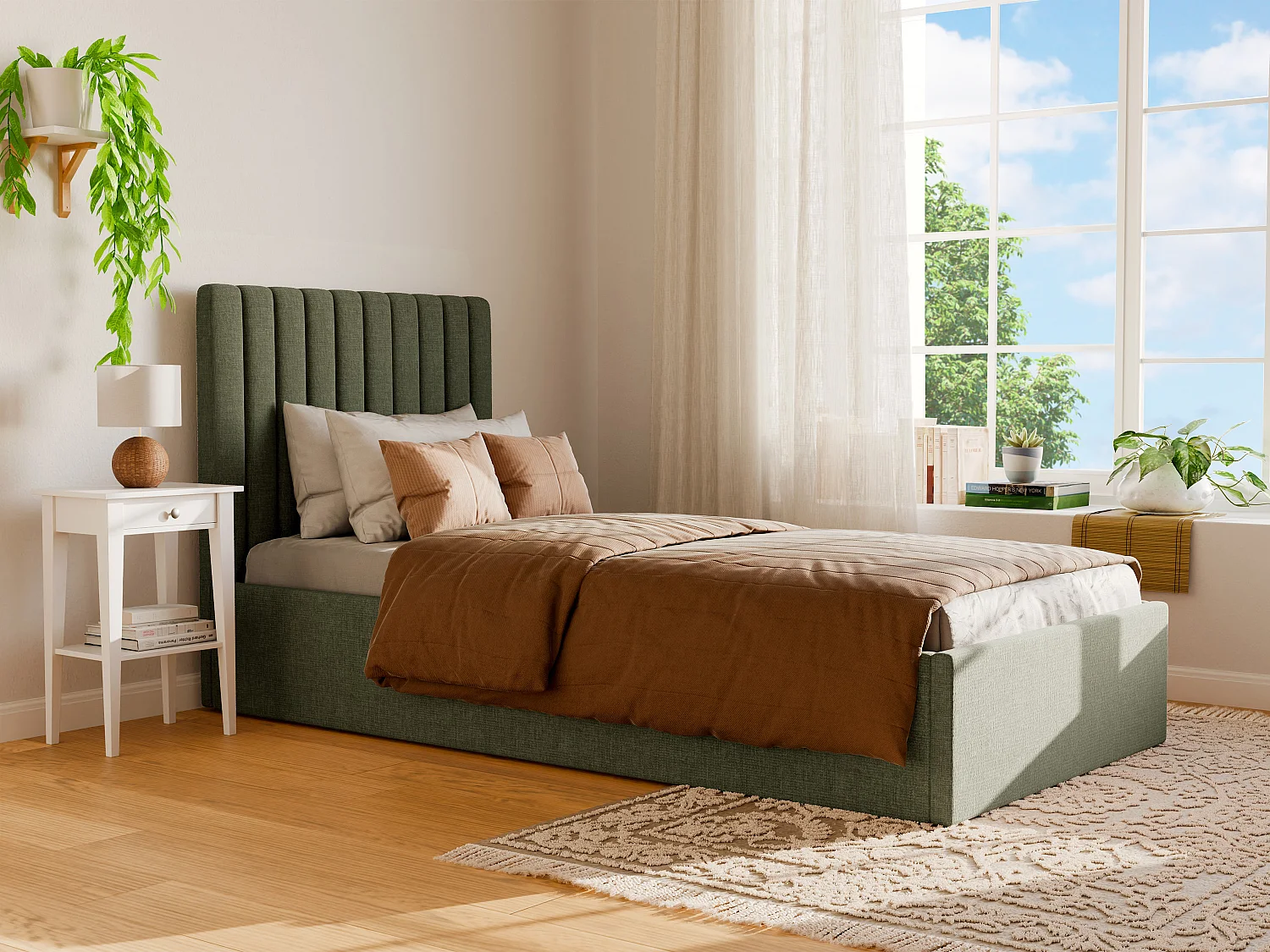 Opbergbed 90 x 190 cm met hoofdbord verticale naden - Stof - Kakigroen + Matras - SARAH