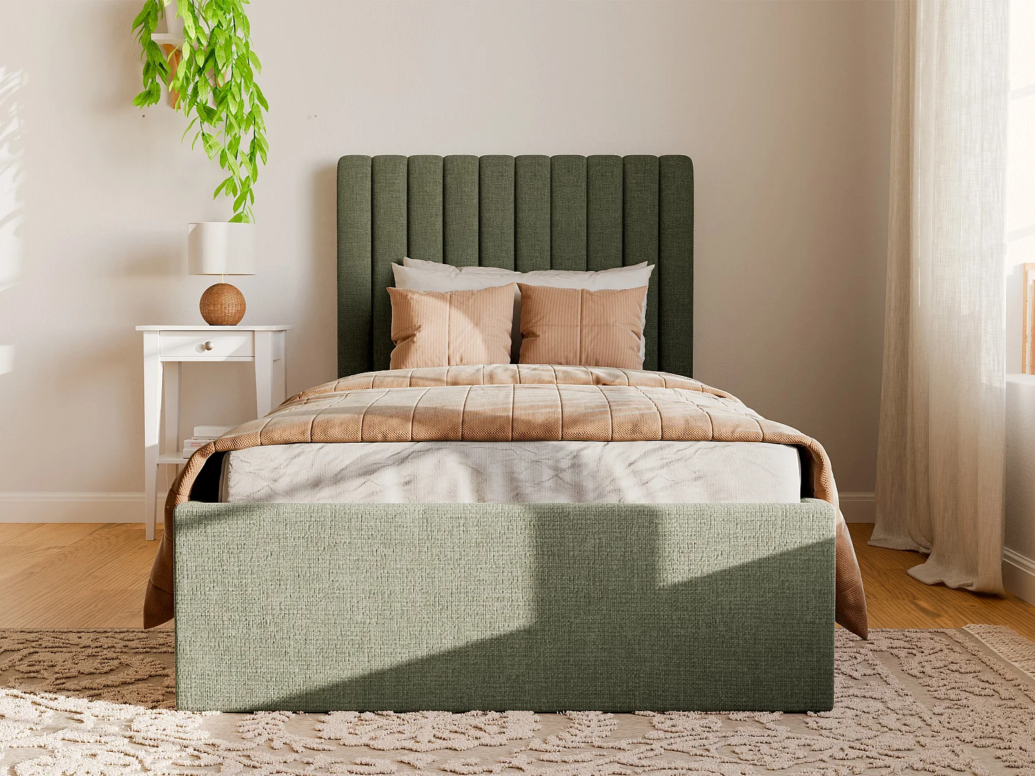 Opbergbed 90 x 190 cm met hoofdbord verticale naden - Stof - Kakigroen + Matras - SARAH