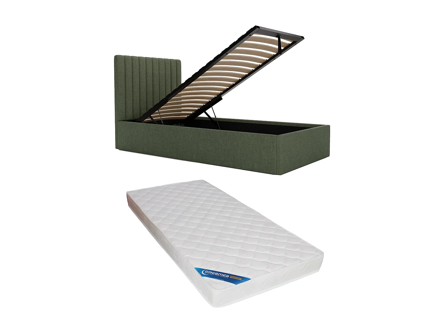 Opbergbed 90 x 190 cm met hoofdbord verticale naden - Stof - Kakigroen + Matras - SARAH