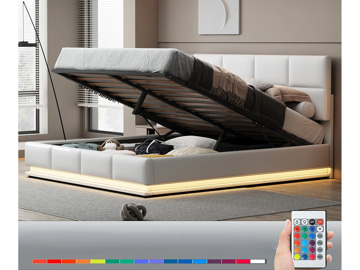 Łóżko z tapicerowanym stelażem 180x200 cm z oświetleniem LED - z ekoskóry - Białe