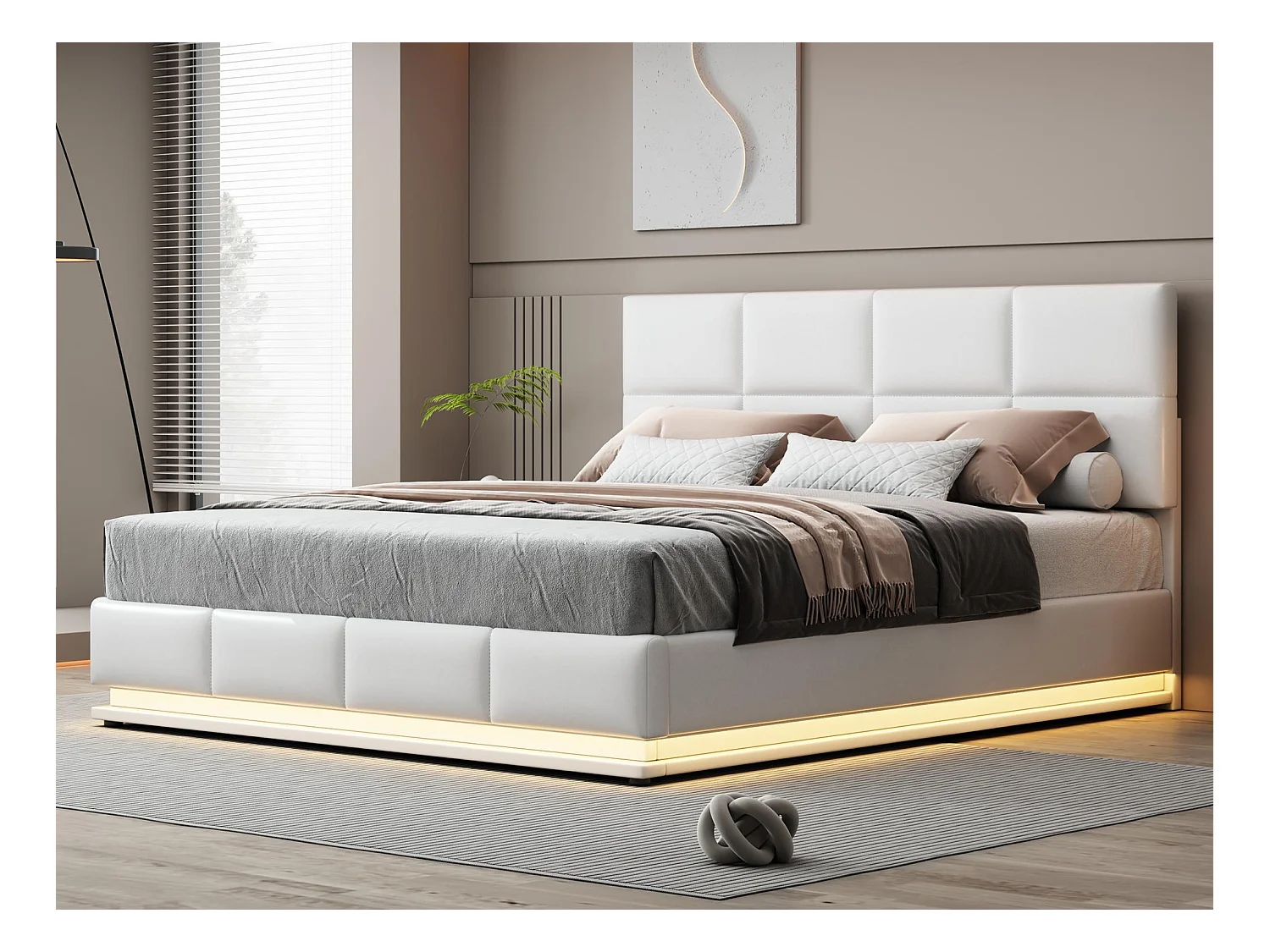 Łóżko z tapicerowanym stelażem 180x200 cm z oświetleniem LED - z ekoskóry - Białe
