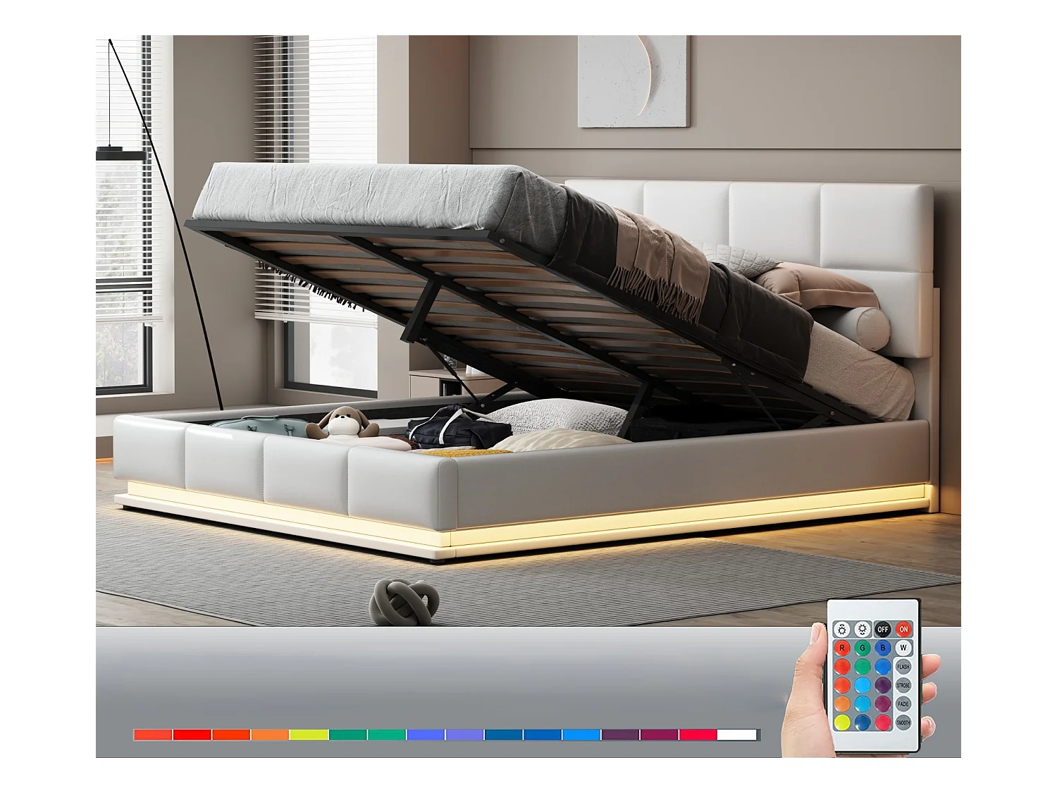 Gestoffeerd opbergbed 180x200 cm met LED verlichting - in kunstleer - Wit
