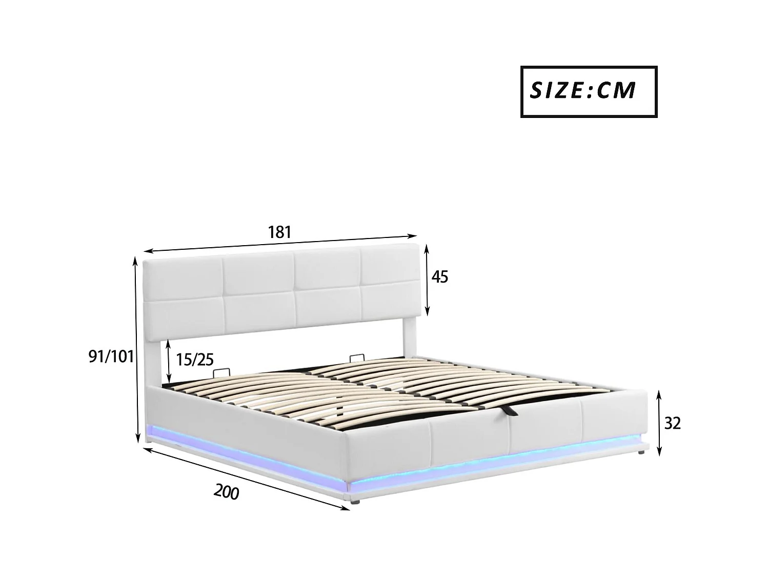 Gestoffeerd opbergbed 180x200 cm met LED verlichting - in kunstleer - Wit