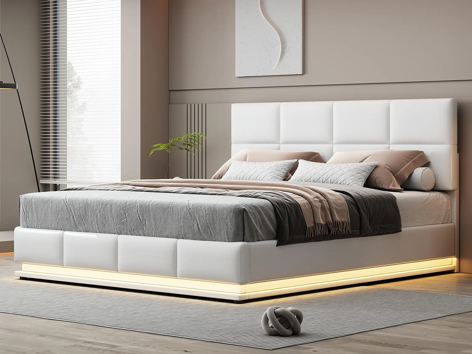 Gestoffeerd opbergbed 180x200 cm met LED verlichting - in kunstleer - Wit