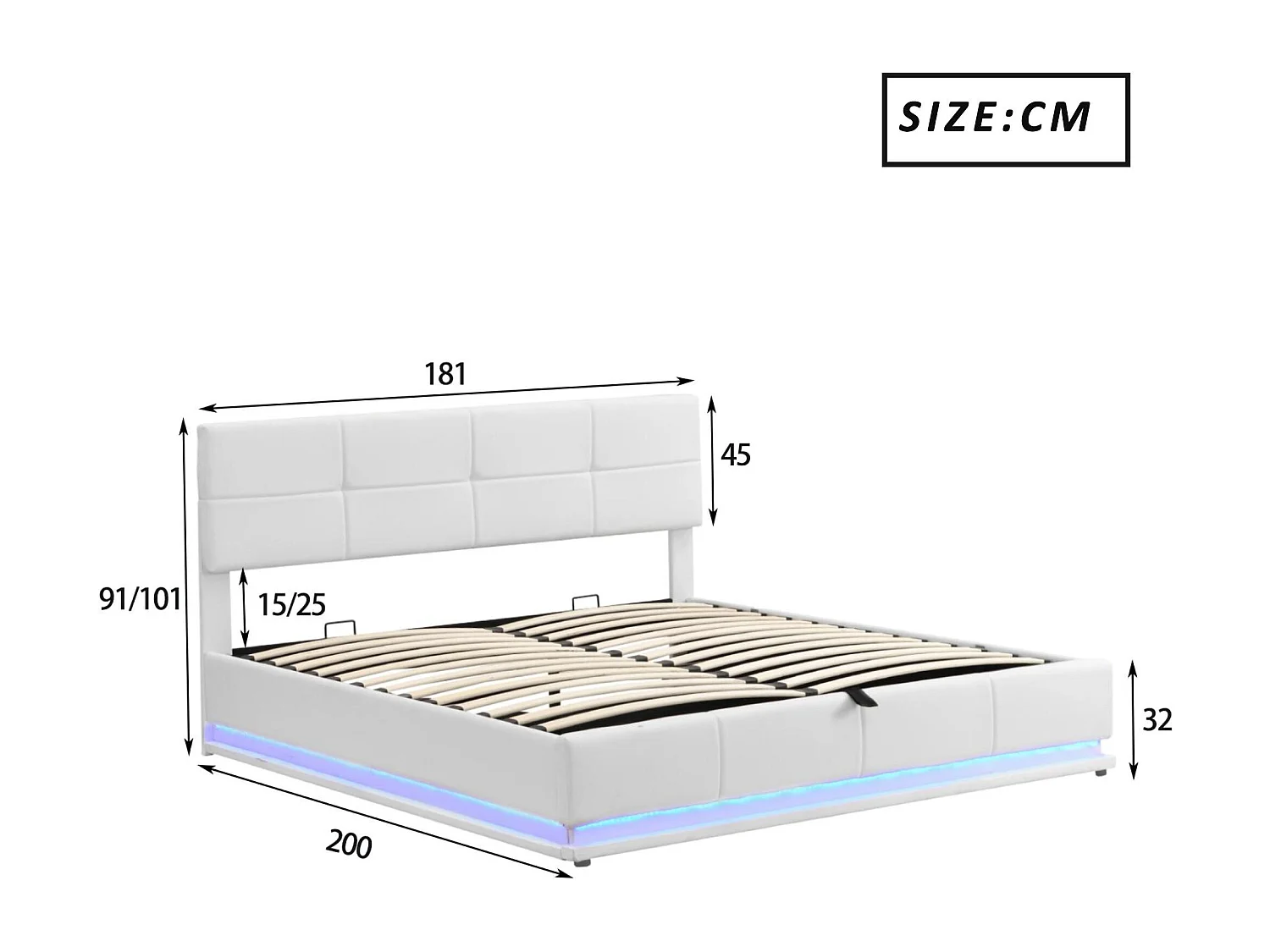 Gestoffeerd opbergbed 180x200 cm met LED verlichting - in kunstleer - Wit