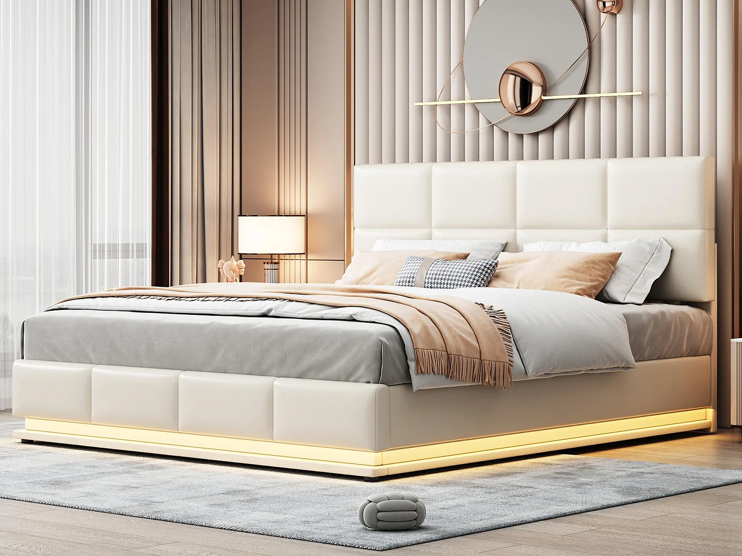 Lit coffre rembourré 180x200 cm avec éclairage LED - en similicuir - Beige