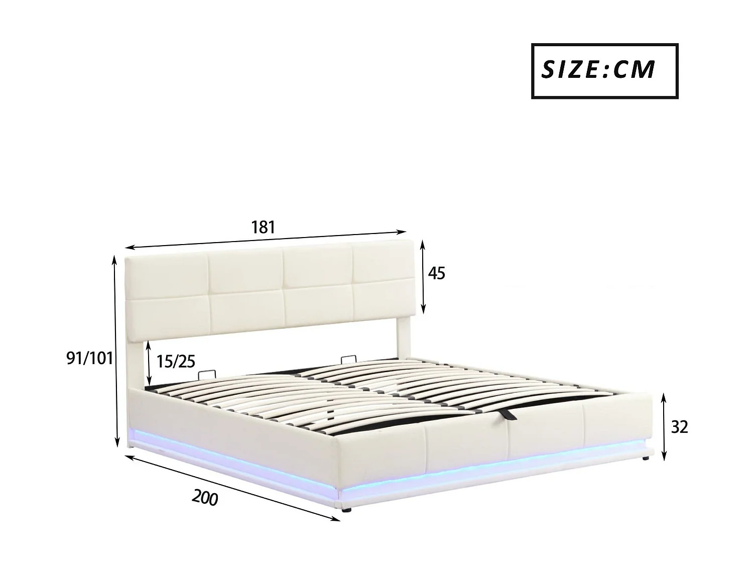 Lit coffre rembourré 180x200 cm avec éclairage LED - en similicuir - Beige