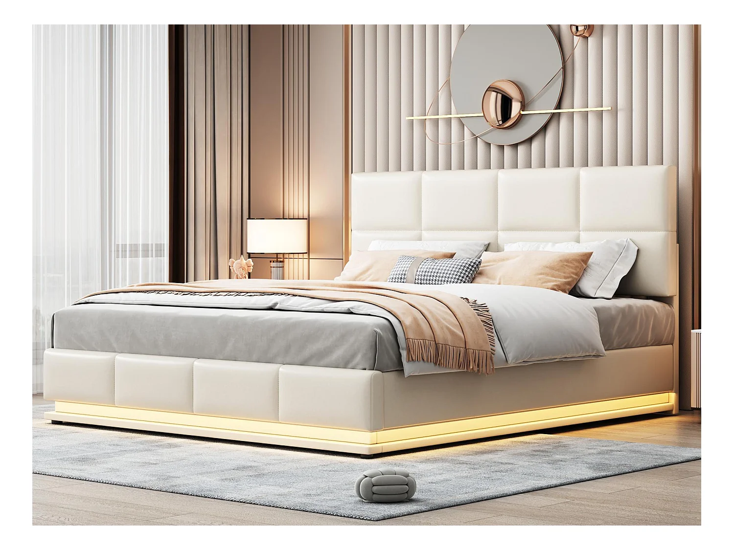 Lit coffre rembourré 180x200 cm avec éclairage LED - en similicuir - Beige
