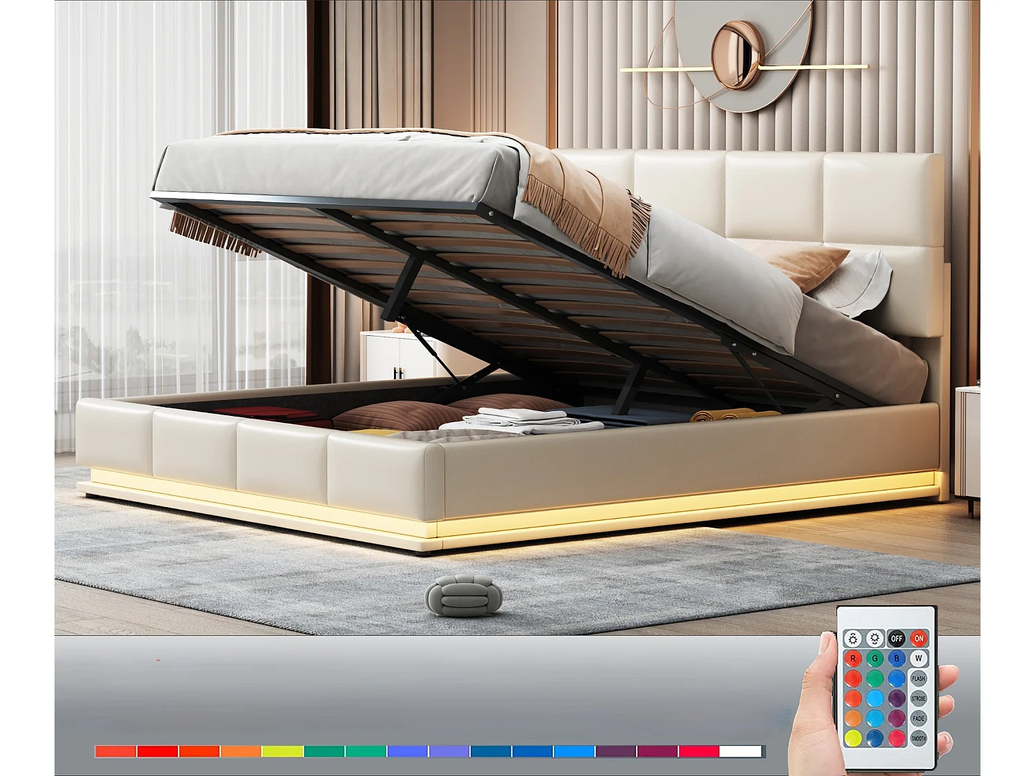 Lit coffre rembourré 180x200 cm avec éclairage LED - en similicuir - Beige