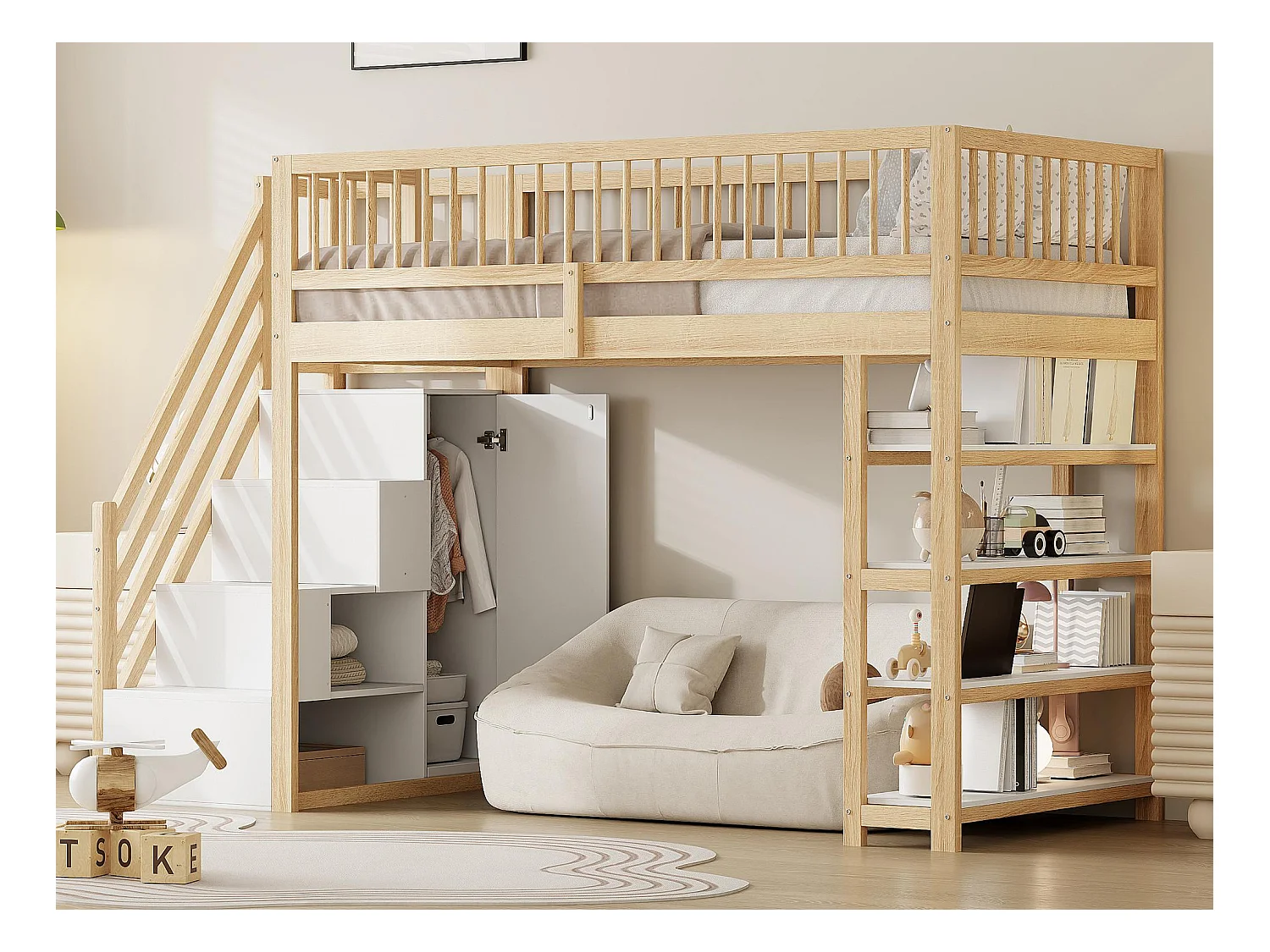 Lit mezzanine 90x200 cm - avec étagères et échelle de rangement - en bois massif - Naturel