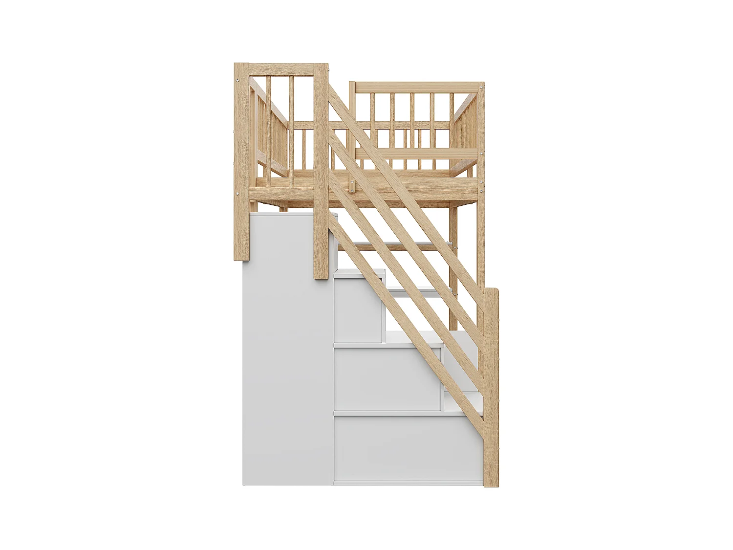 Lit mezzanine 90x200 cm - avec étagères et échelle de rangement - en bois massif - Naturel