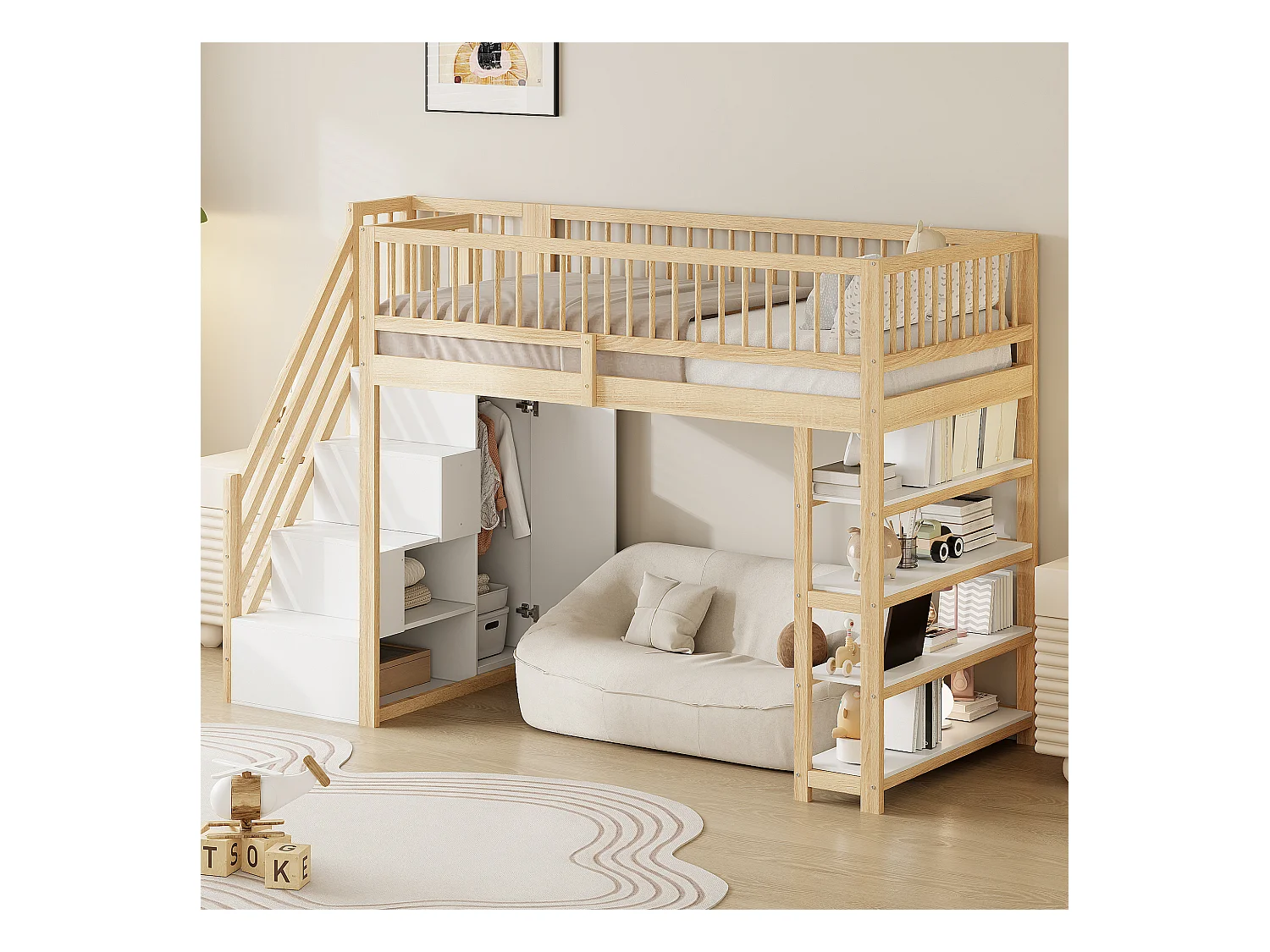 Lit mezzanine 90x200 cm - avec étagères et échelle de rangement - en bois massif - Naturel