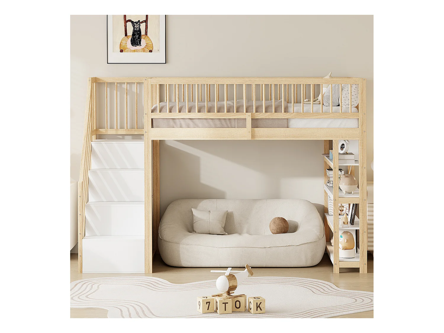 Lit mezzanine 90x200 cm - avec étagères et échelle de rangement - en bois massif - Naturel