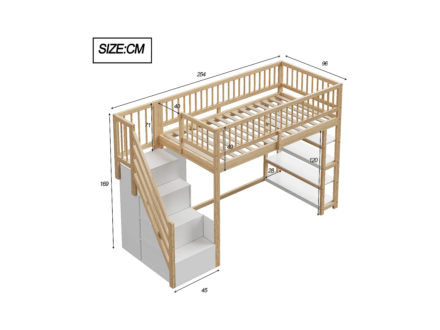 Lit mezzanine 90x200 cm - avec étagères et échelle de rangement - en bois massif - Naturel