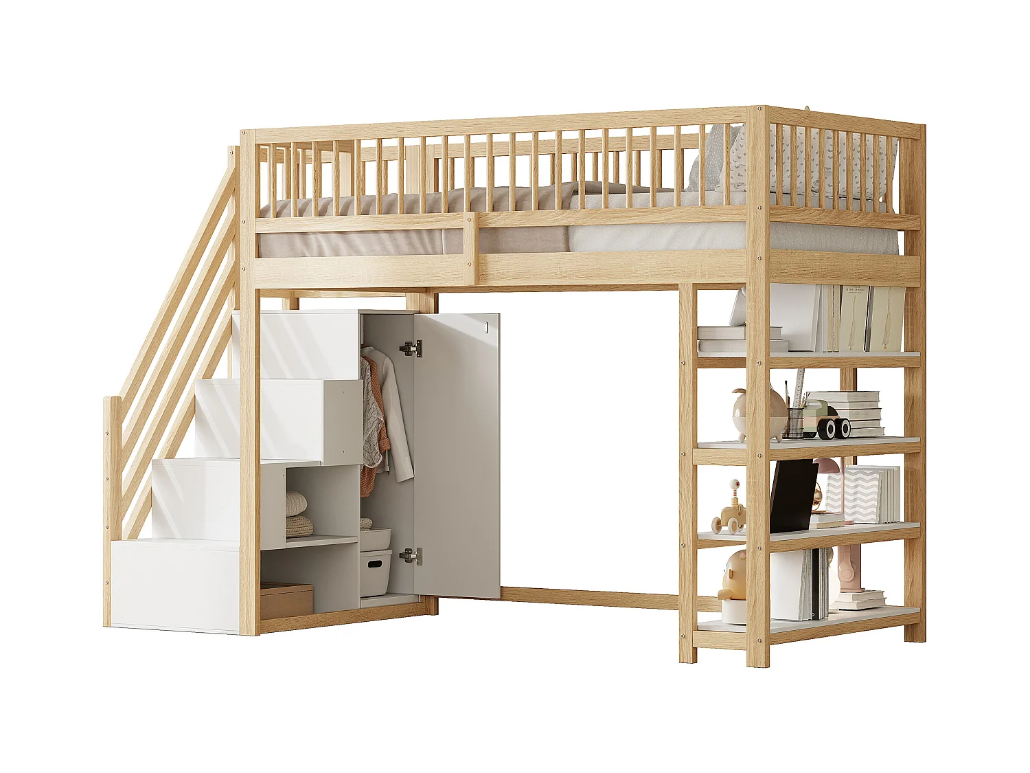 Lit mezzanine 90x200 cm - avec étagères et échelle de rangement - en bois massif - Naturel