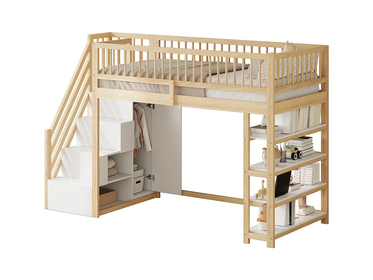 Lit mezzanine 90x200 cm - avec étagères et échelle de rangement - en bois massif - Naturel