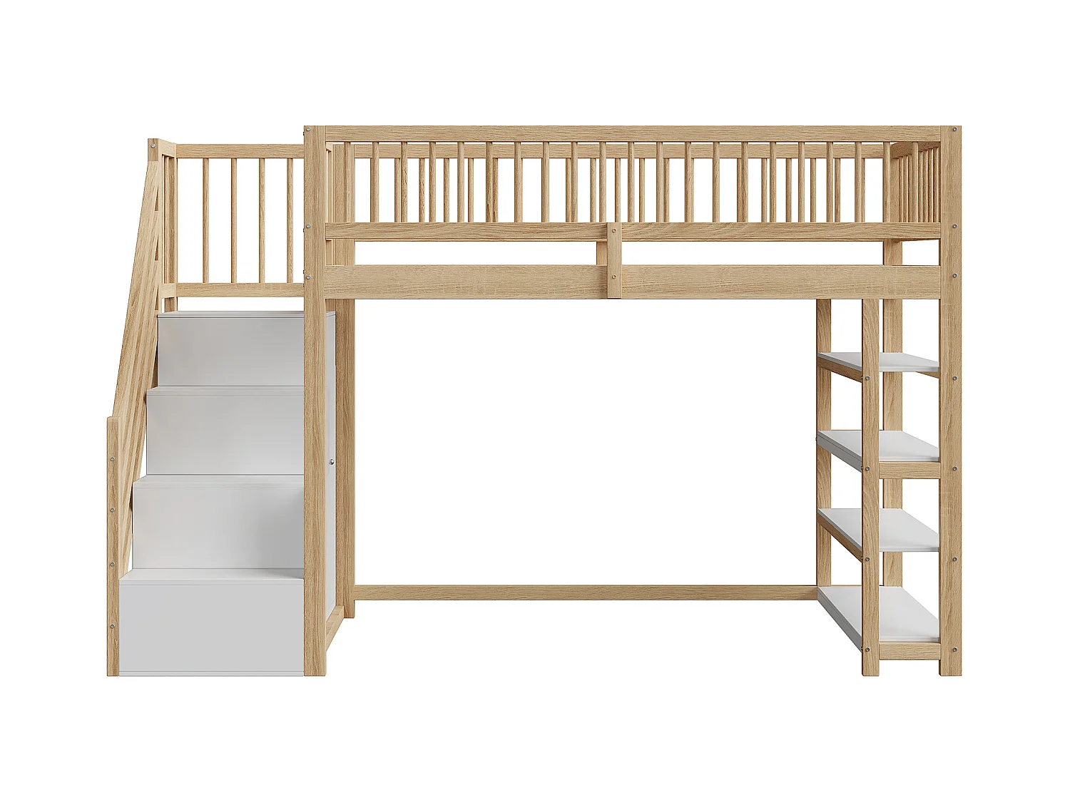 Lit mezzanine 90x200 cm - avec étagères et échelle de rangement - en bois massif - Naturel