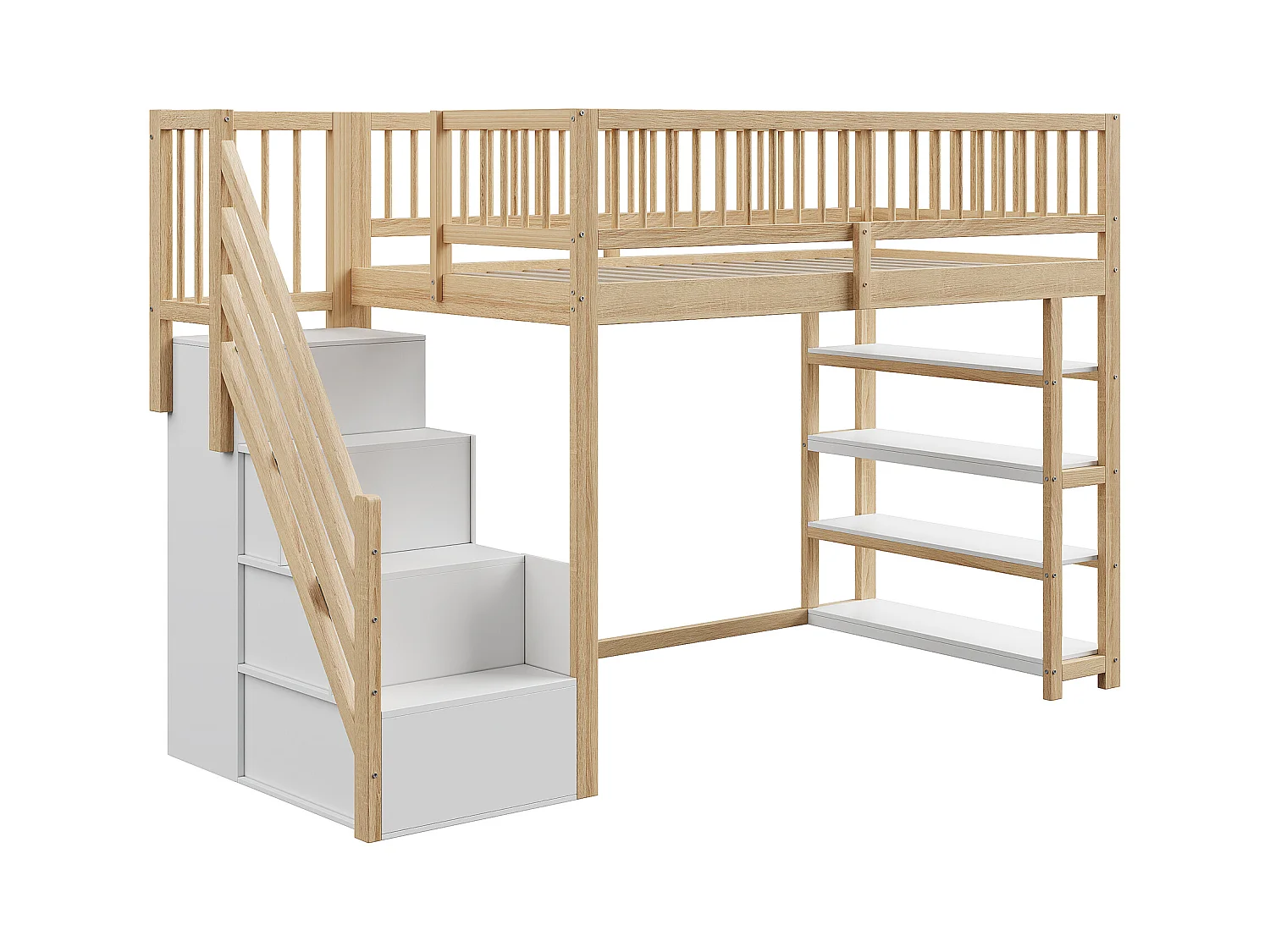 Lit mezzanine 90x200 cm - avec étagères et échelle de rangement - en bois massif - Naturel