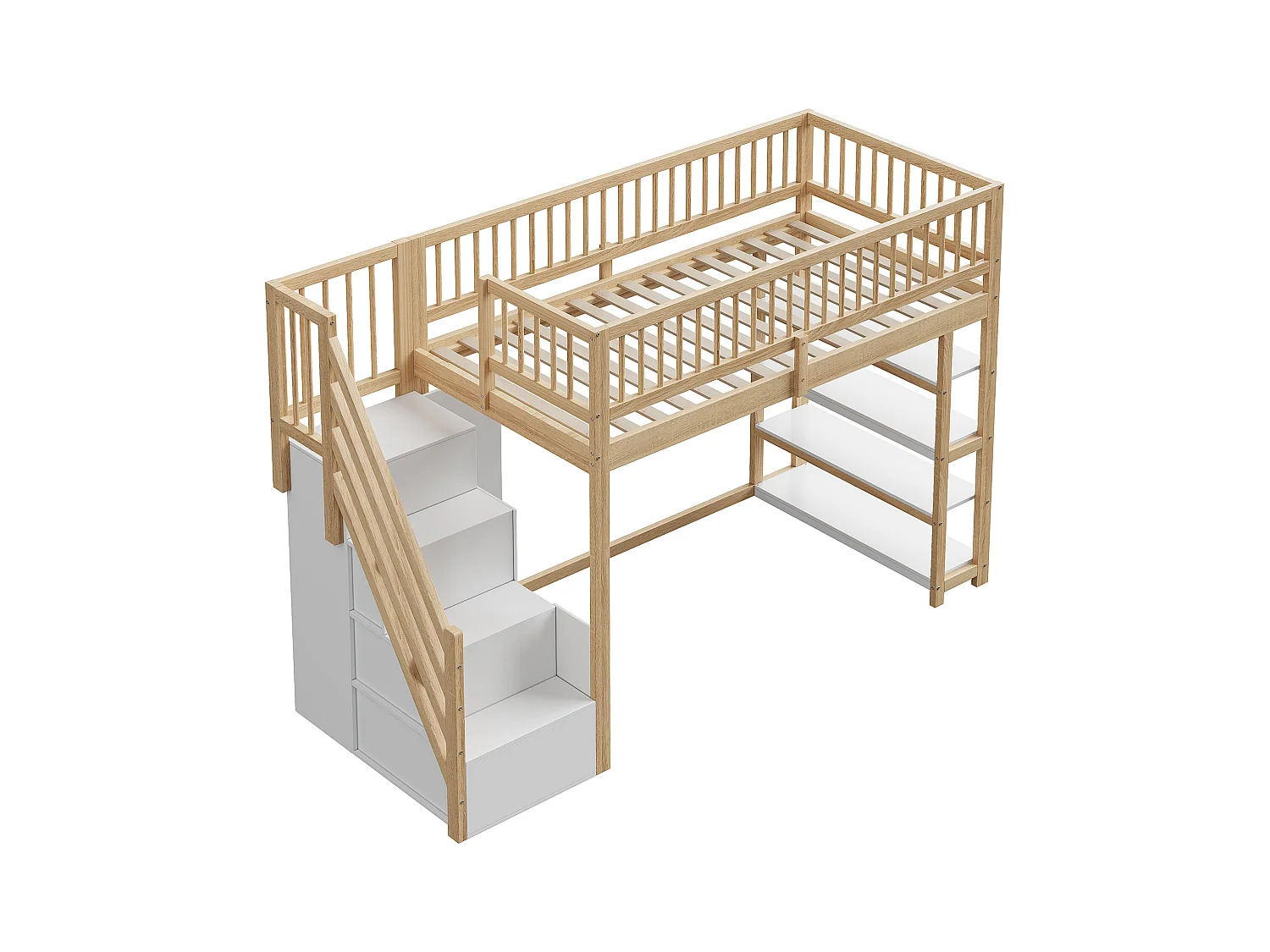 Lit mezzanine 90x200 cm - avec étagères et échelle de rangement - en bois massif - Naturel