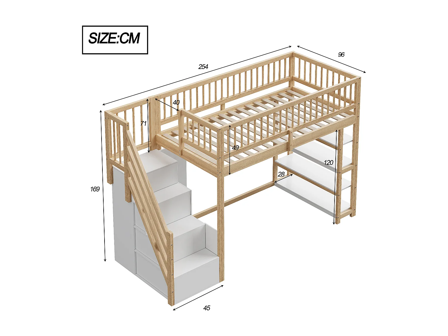 Lit mezzanine 90x200 cm - avec étagères et échelle de rangement - en bois massif - Naturel