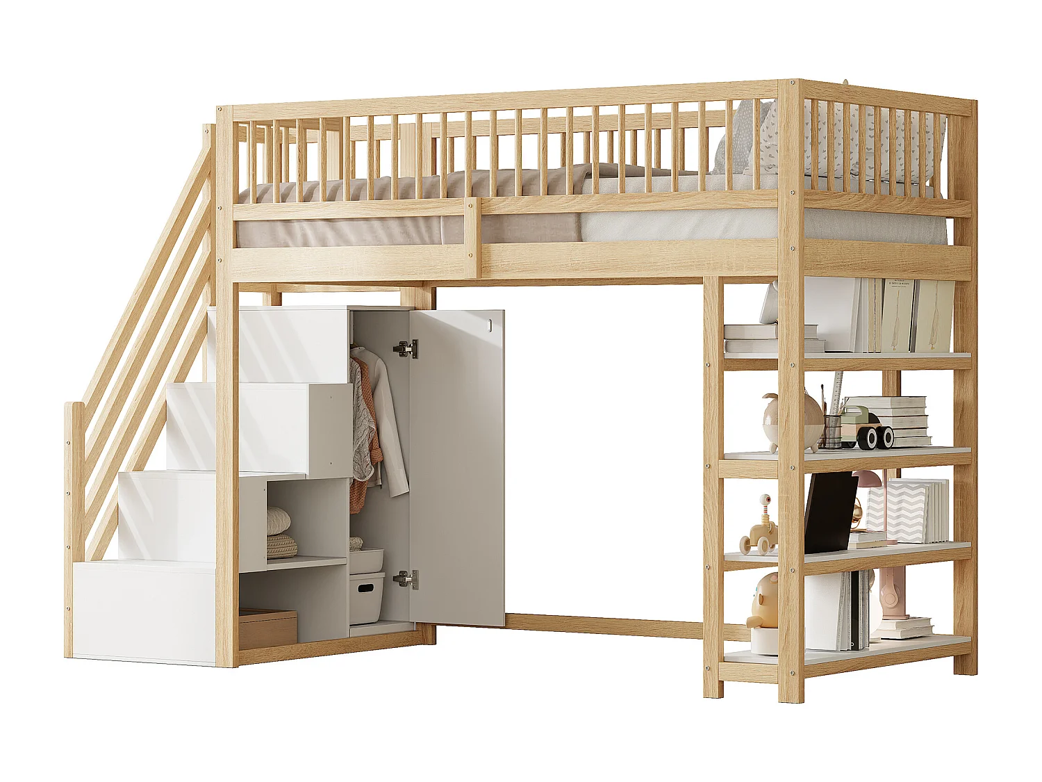 Lit mezzanine 90x200 cm - avec étagères et échelle de rangement - en bois massif - Naturel