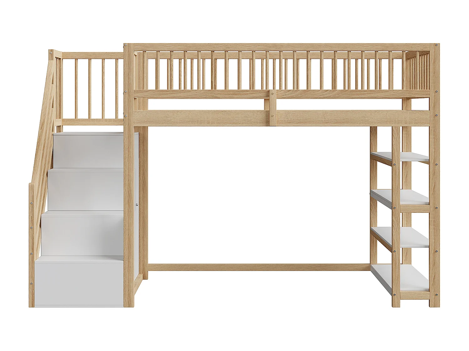 Lit mezzanine 90x200 cm - avec étagères et échelle de rangement - en bois massif - Naturel