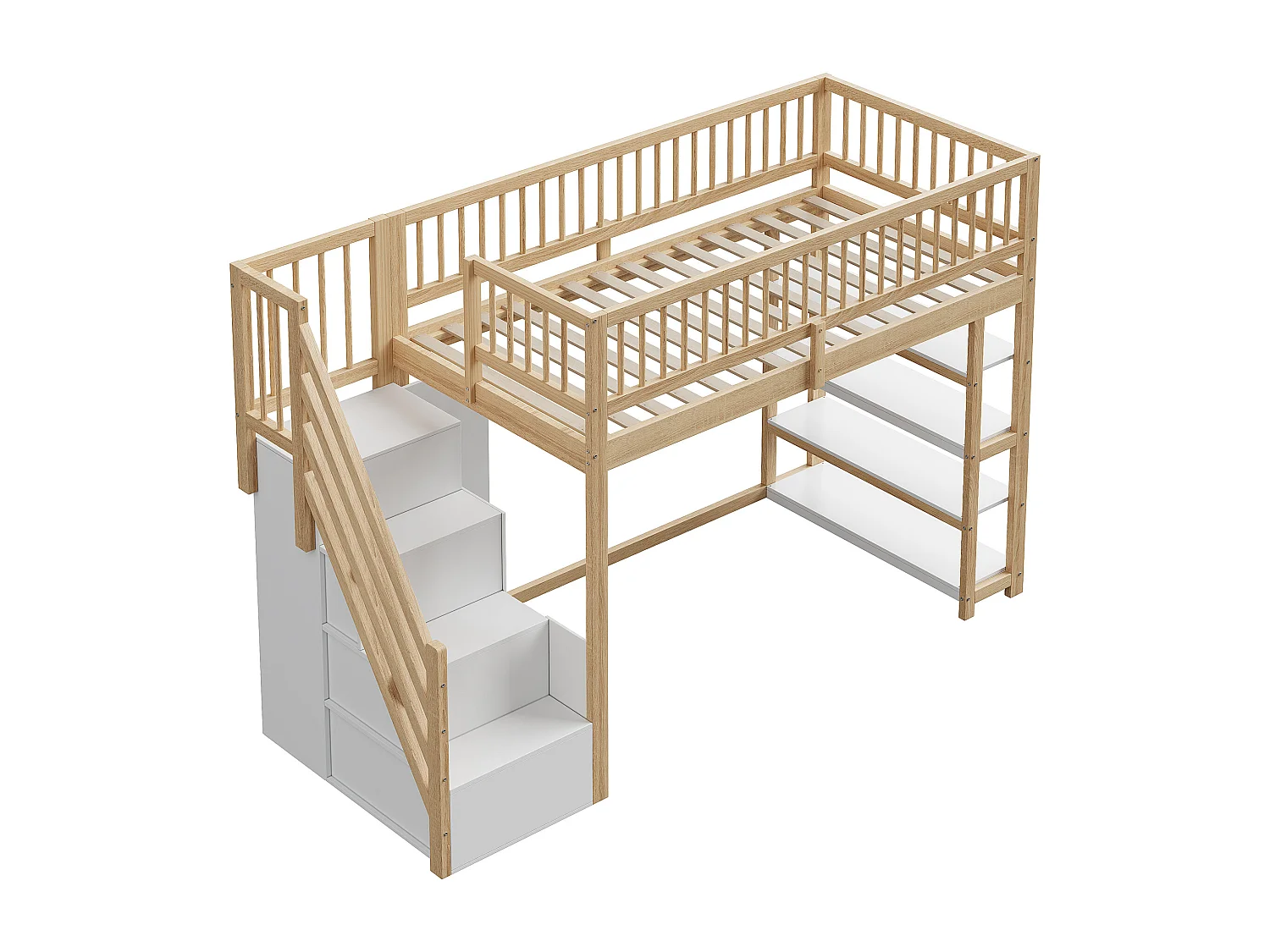 Lit mezzanine 90x200 cm - avec étagères et échelle de rangement - en bois massif - Naturel