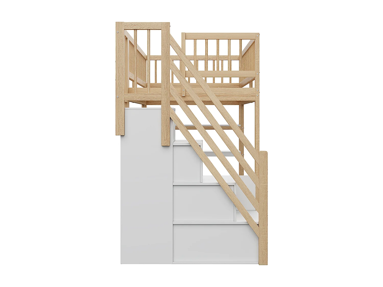 Lit mezzanine 90x200 cm - avec étagères et échelle de rangement - en bois massif - Naturel