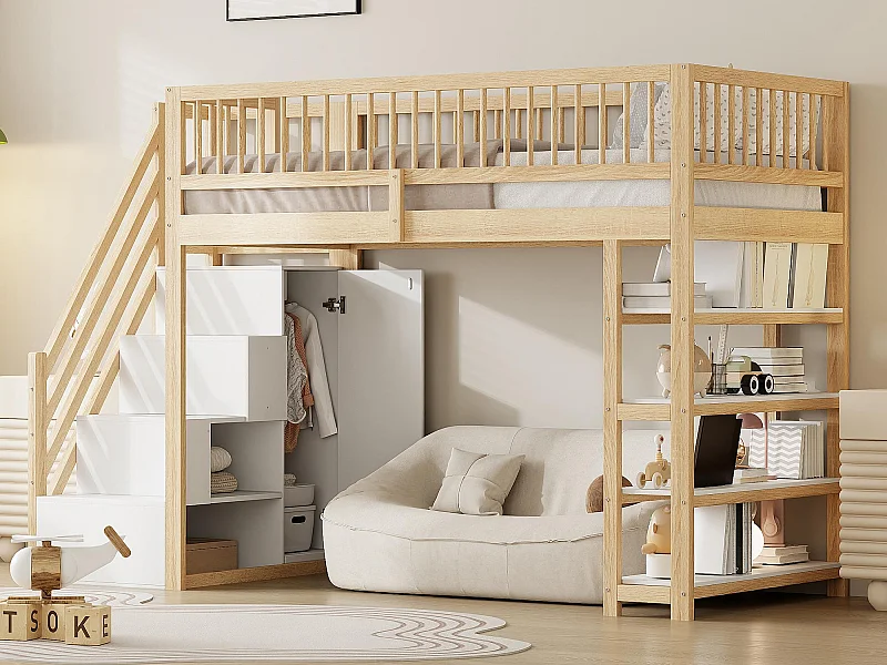 Letto a soppalco 90x200 cm - con ripiani e scaletta portaoggetti - legno massello - Naturale