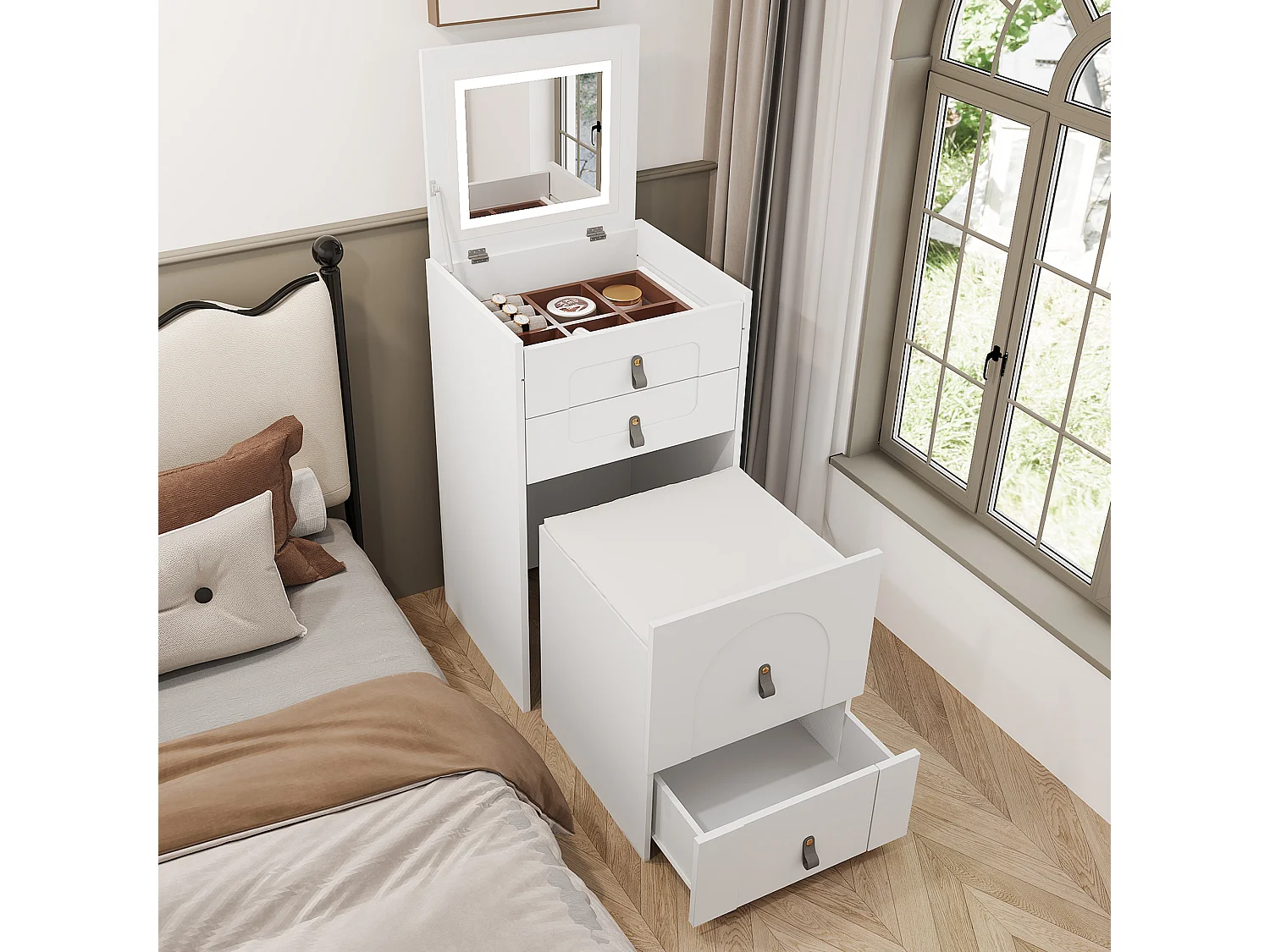 Coiffeuse avec 3 tiroirs, plateau pliable et 1 tabouret - 50 x 40 x 115.6 cm - miroir lumineux LED intégré - Bois MDF - Blanc