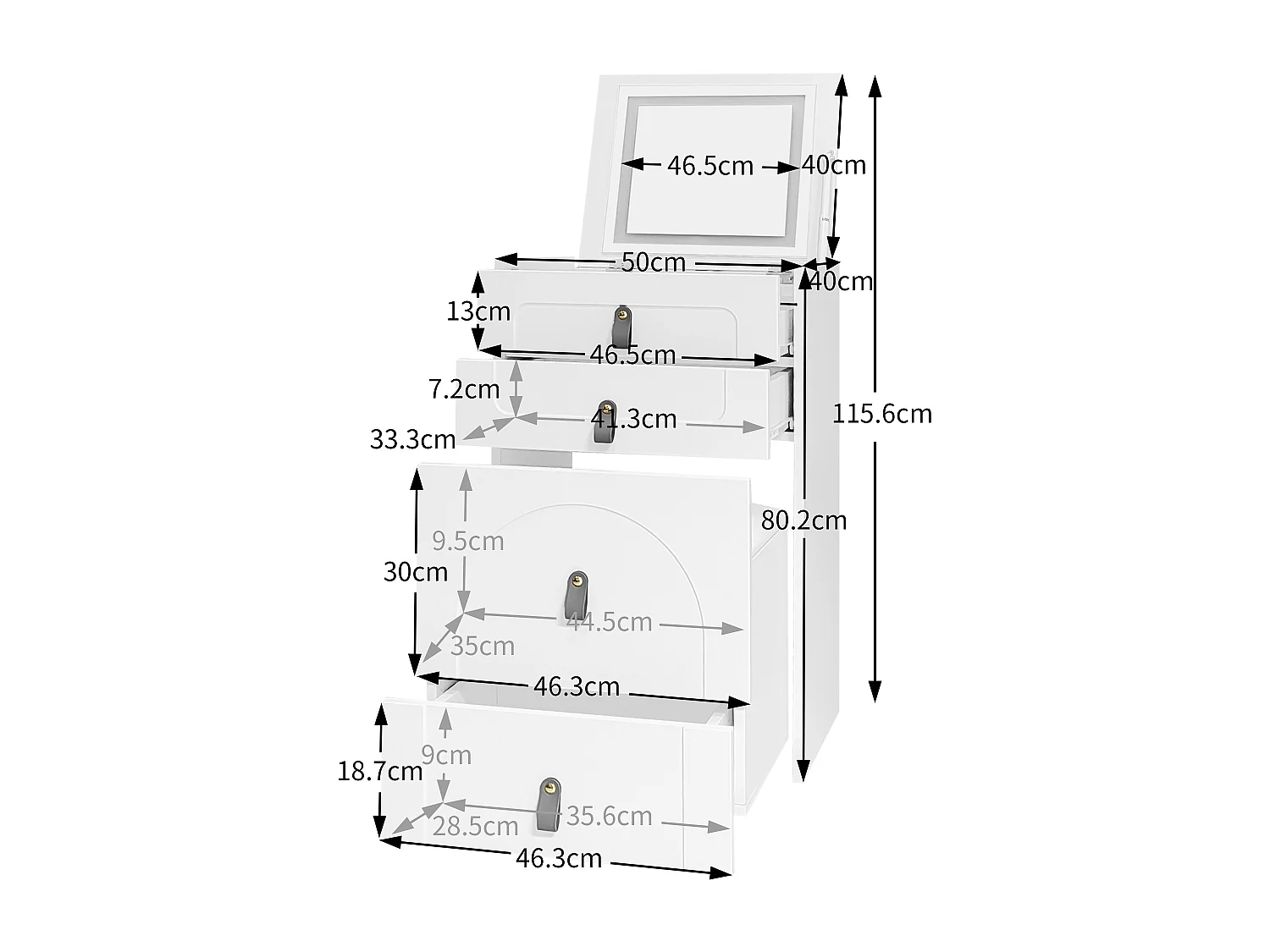 Coiffeuse avec 3 tiroirs, plateau pliable et 1 tabouret - 50 x 40 x 115.6 cm - miroir lumineux LED intégré - Bois MDF - Blanc