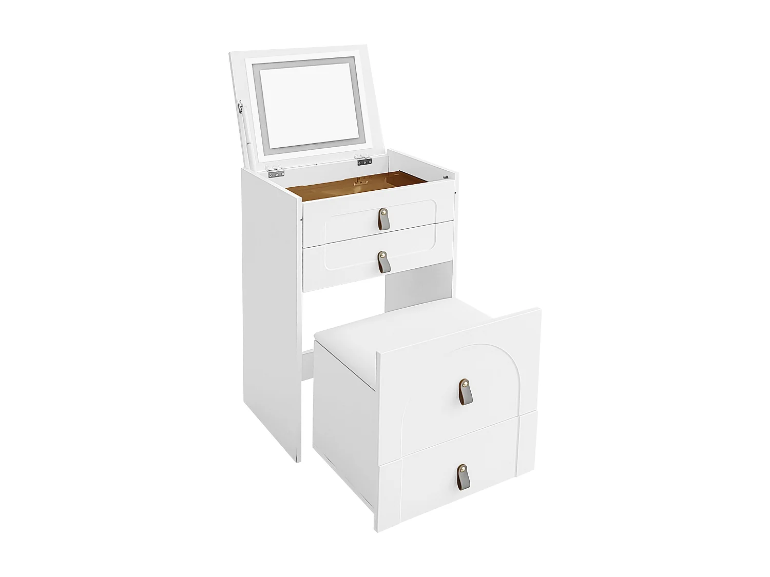 Schminktisch mit 3 Schubladen, klappbarer Platte und 1 Hocker – 50 x 40 x 115,6 cm – integrierter LED-Lichtspiegel – MDF-Holz – Weiß