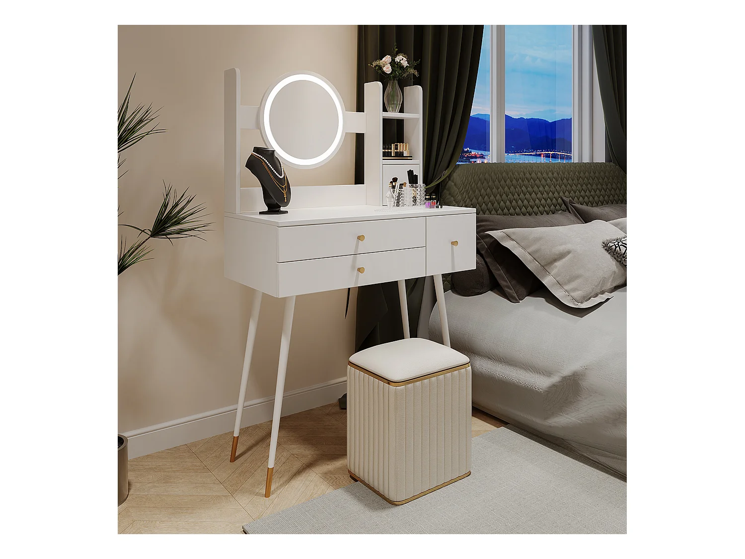 Coiffeuse avec miroir à LEDs - 3 tiroirs spacieux et étagères de rangement - 80 x 40x 130 cm - Bois MDF - Blanc (sans tabouret)