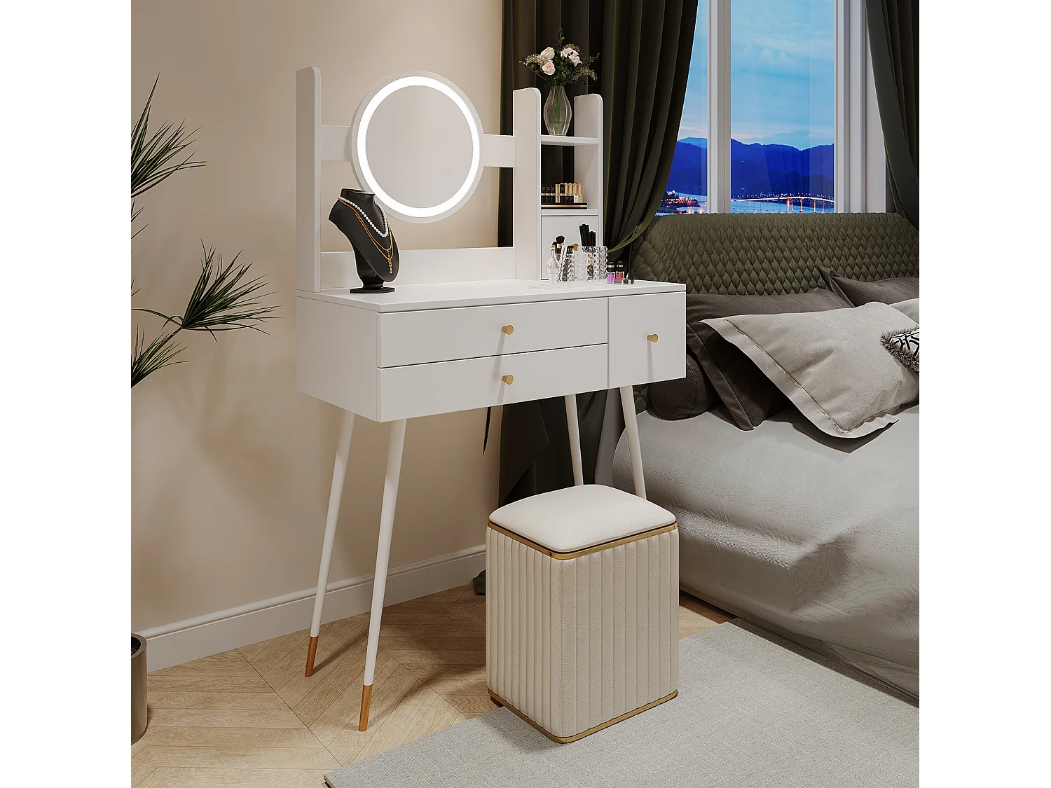 Toeletta con specchio a LED - 3 cassetti spaziosi e ripiani portaoggetti - 80 x 40x 130 cm - Legno MDF - Bianco (senza sgabello)