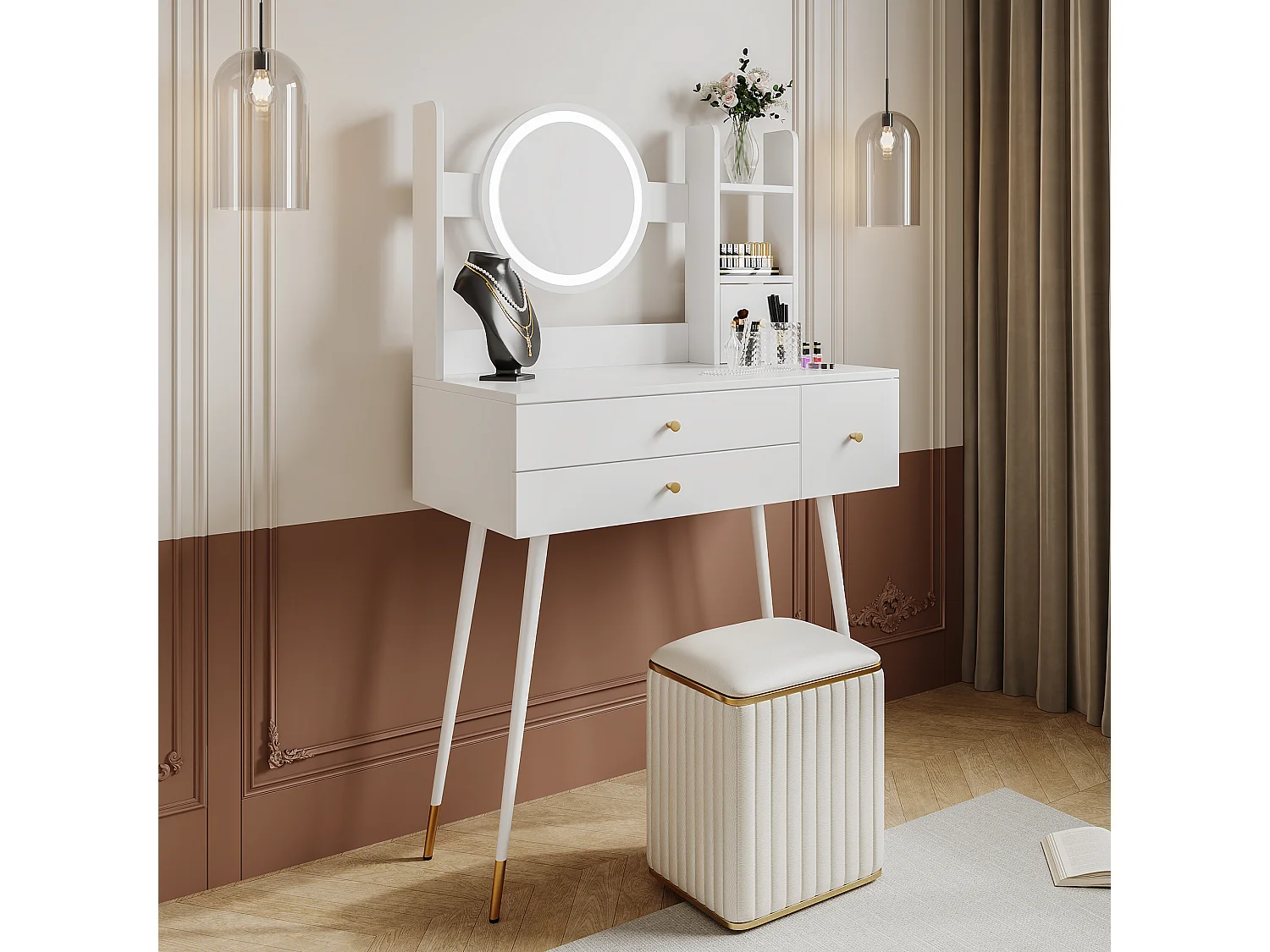 Toeletta con specchio a LED - 3 cassetti spaziosi e ripiani portaoggetti - 80 x 40x 130 cm - Legno MDF - Bianco (senza sgabello)