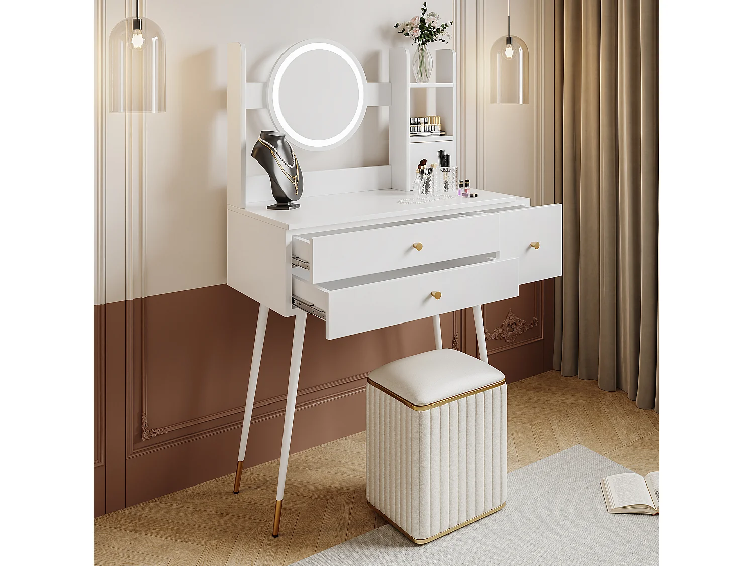 Toeletta con specchio a LED - 3 cassetti spaziosi e ripiani portaoggetti - 80 x 40x 130 cm - Legno MDF - Bianco (senza sgabello)