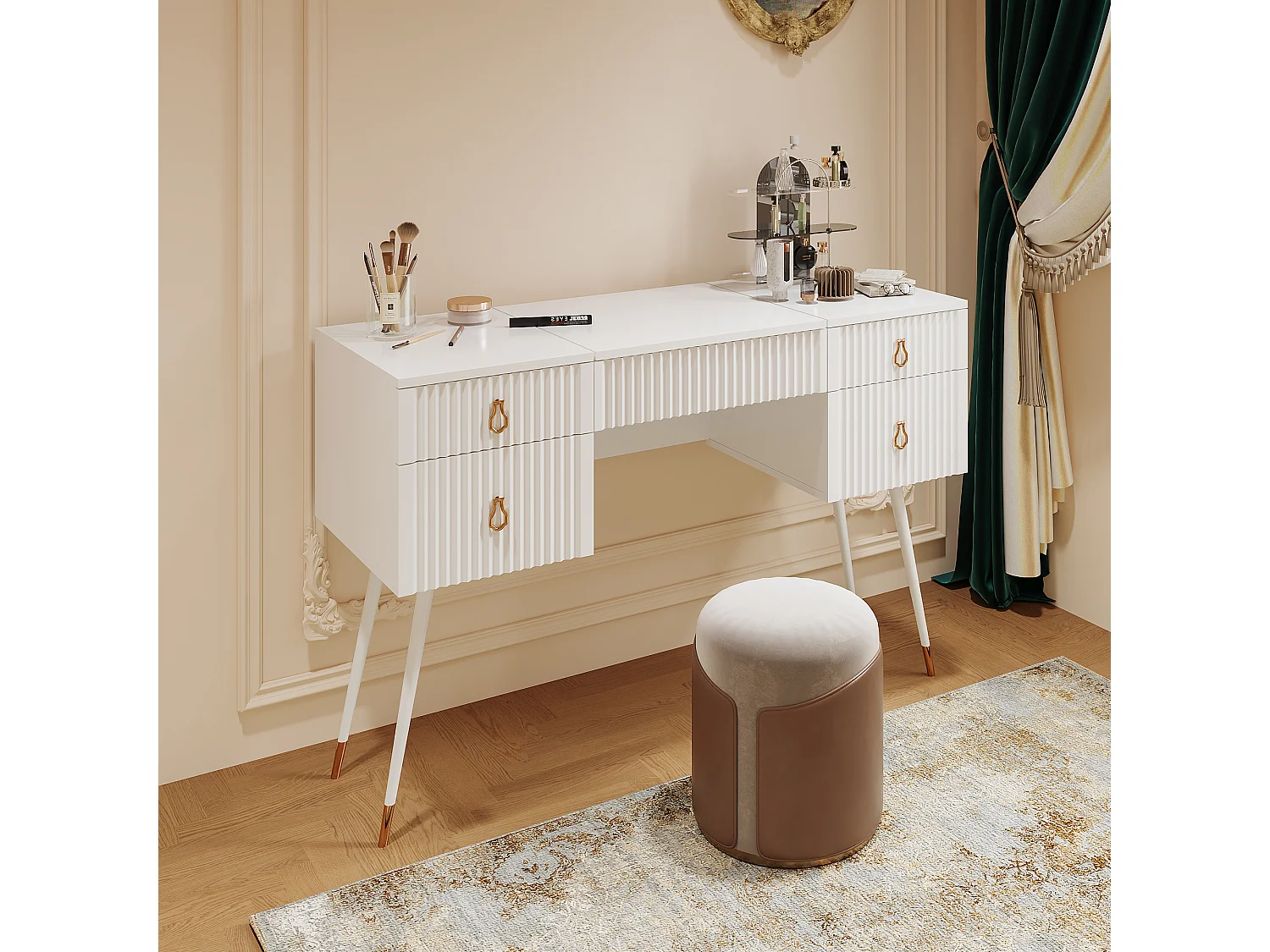 Toaletka ze składanym lustrem z inteligentnymi diodami LED - 3 pojemne szuflady - 120 x 45 x 121 cm - drewno MDF - biały (bez taboretu)