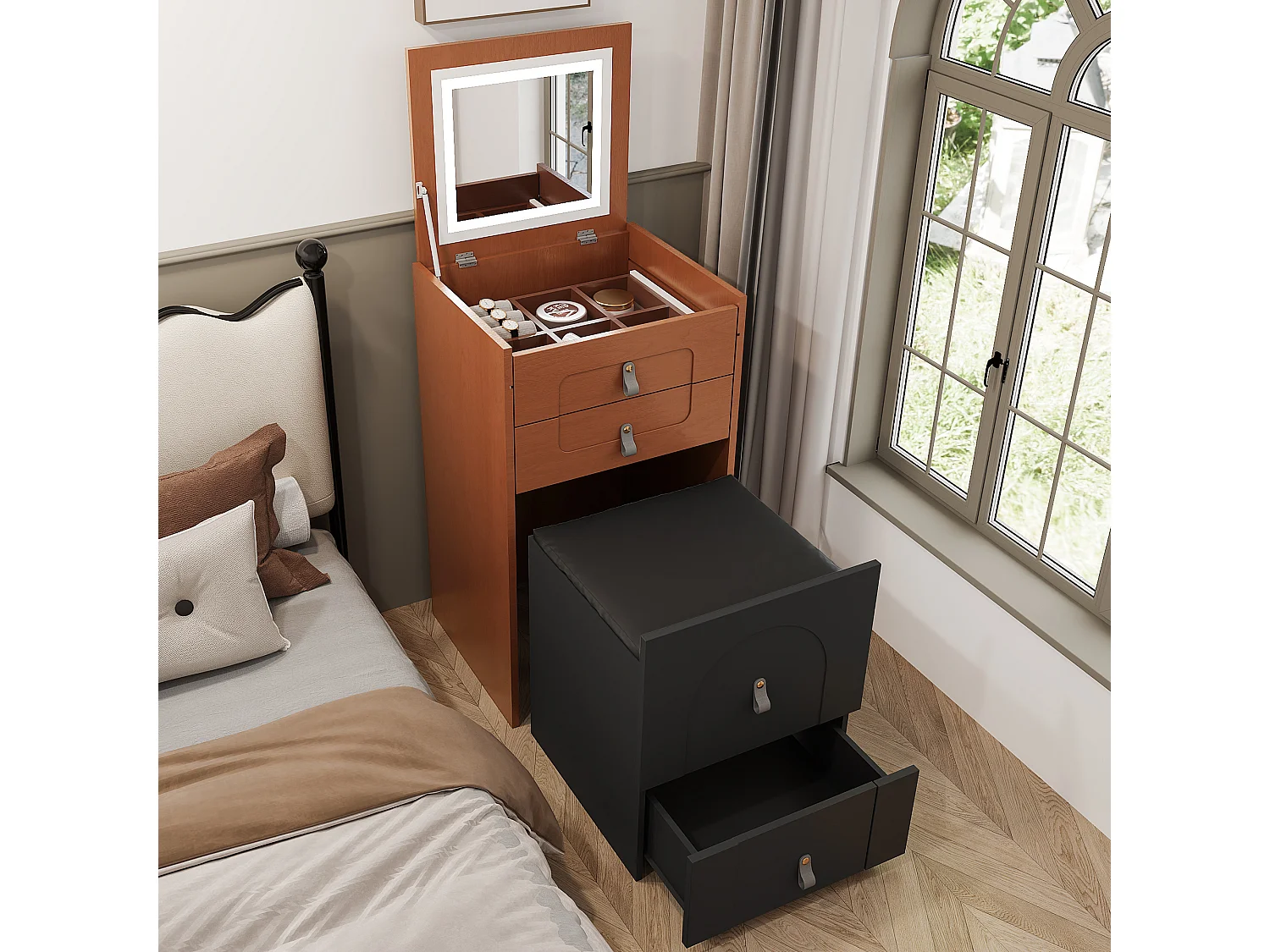 Coiffeuse avec 3 tiroirs, plateau pliable et 1 tabouret - 50 x 40 x 115.6 cm - miroir lumineux LED intégré - Bois MDF - Noir