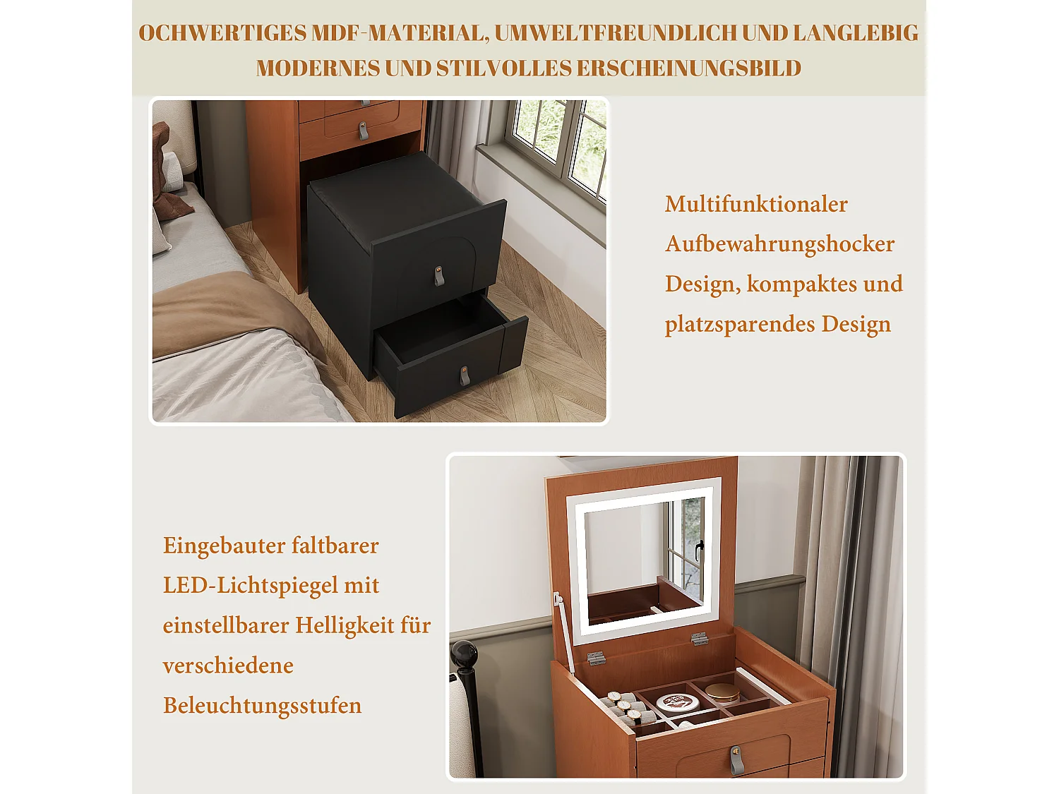 Coiffeuse avec 3 tiroirs, plateau pliable et 1 tabouret - 50 x 40 x 115.6 cm - miroir lumineux LED intégré - Bois MDF - Noir