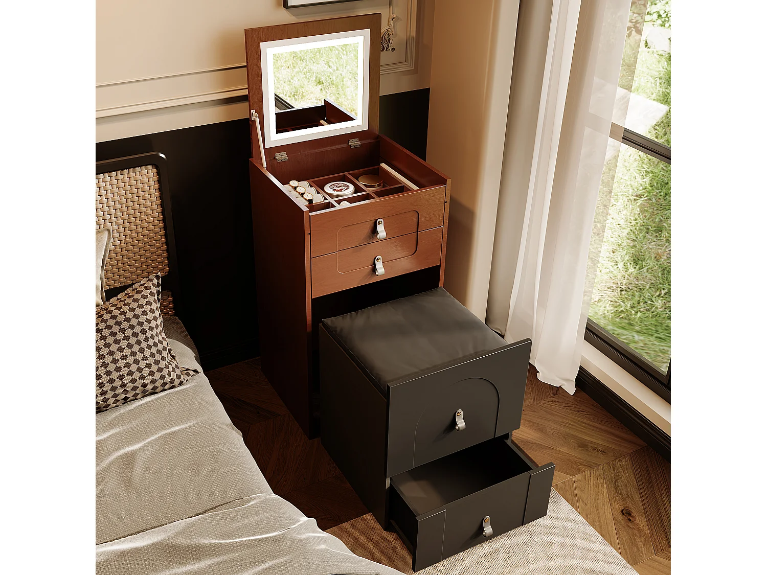 Coiffeuse avec 3 tiroirs, plateau pliable et 1 tabouret - 50 x 40 x 115.6 cm - miroir lumineux LED intégré - Bois MDF - Noir