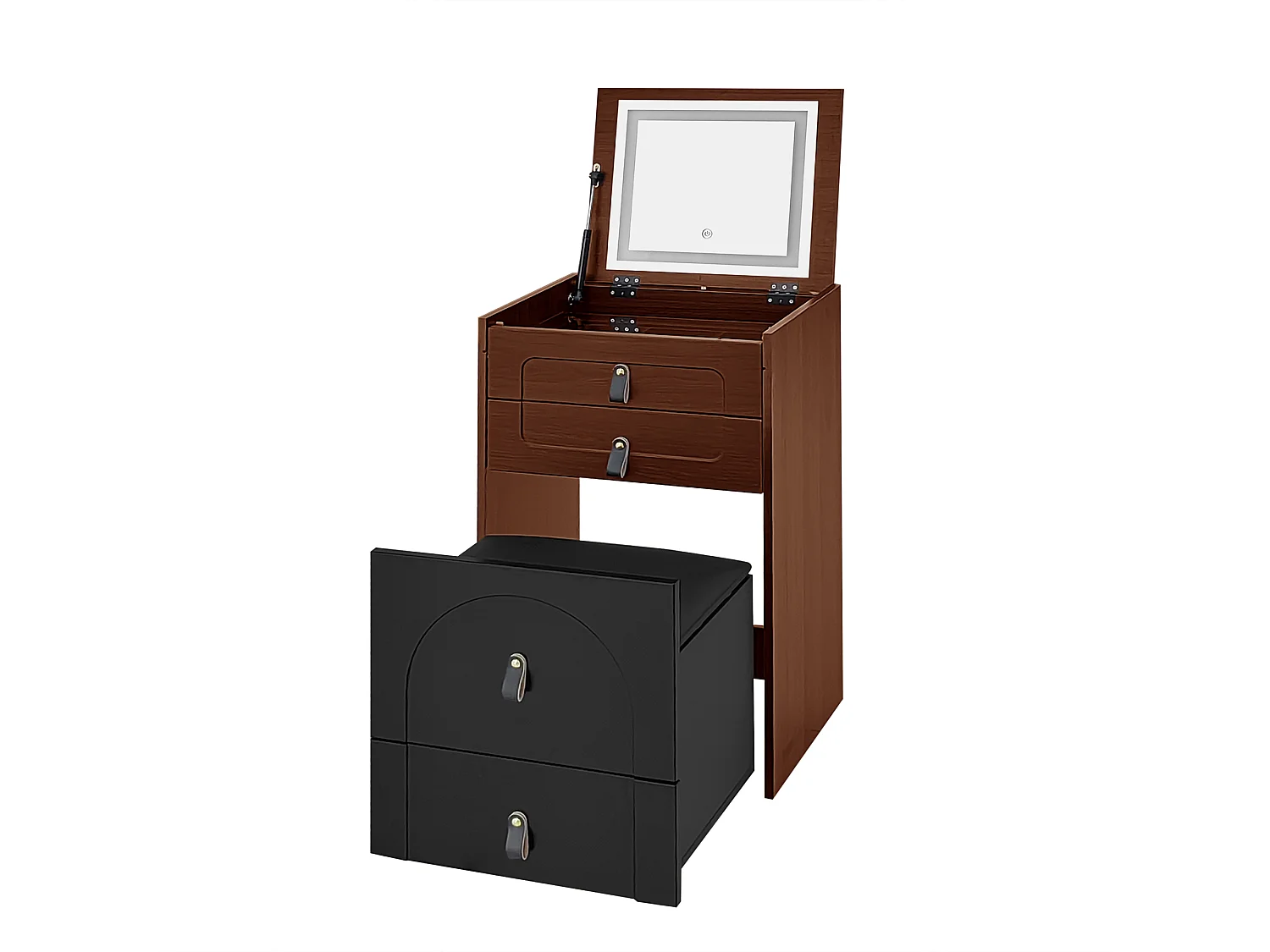 Coiffeuse avec 3 tiroirs, plateau pliable et 1 tabouret - 50 x 40 x 115.6 cm - miroir lumineux LED intégré - Bois MDF - Noir