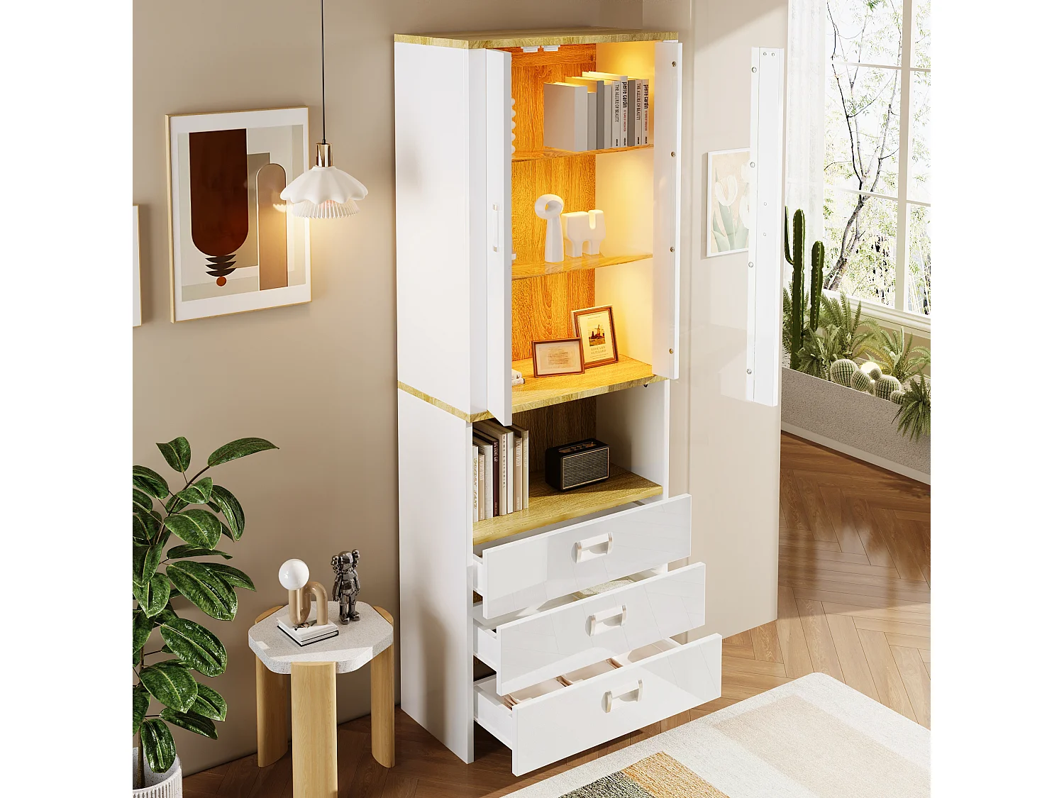 Vitrine met 2 deuren, 3 lades en een vak - 65 x 35 x 181,5 cm - LED's - MDF en spaanplaat - Wit