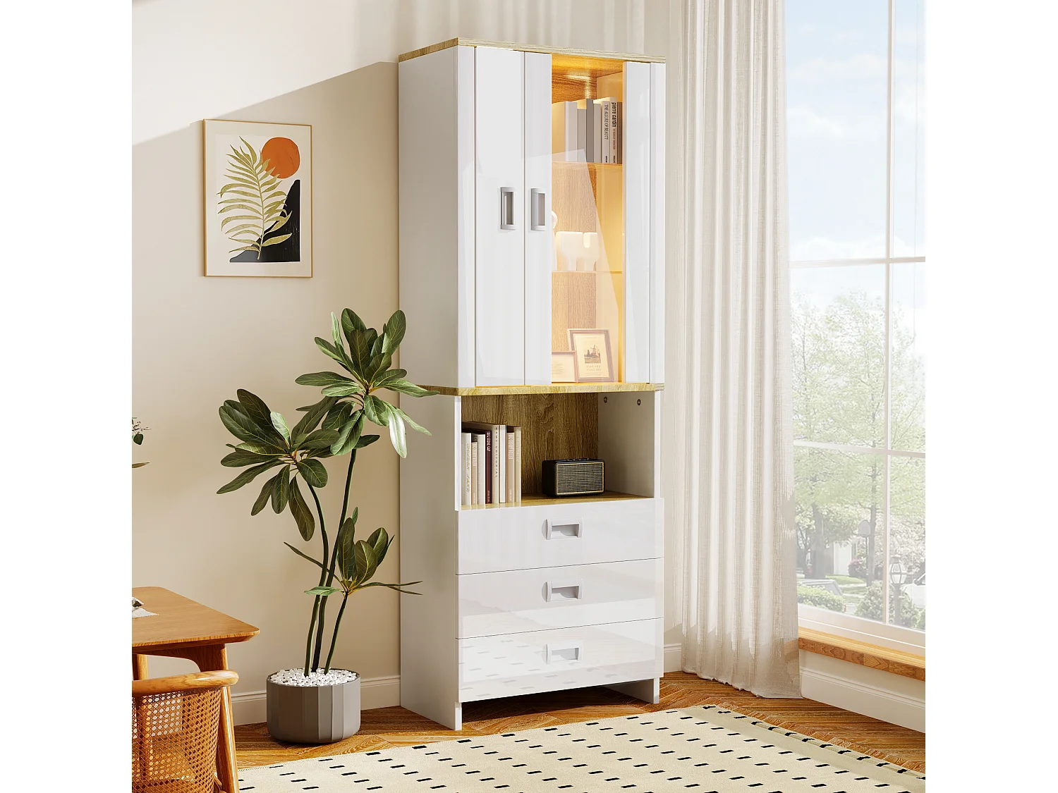 Vitrine met 2 deuren, 3 lades en een vak - 65 x 35 x 181,5 cm - LED's - MDF en spaanplaat - Wit